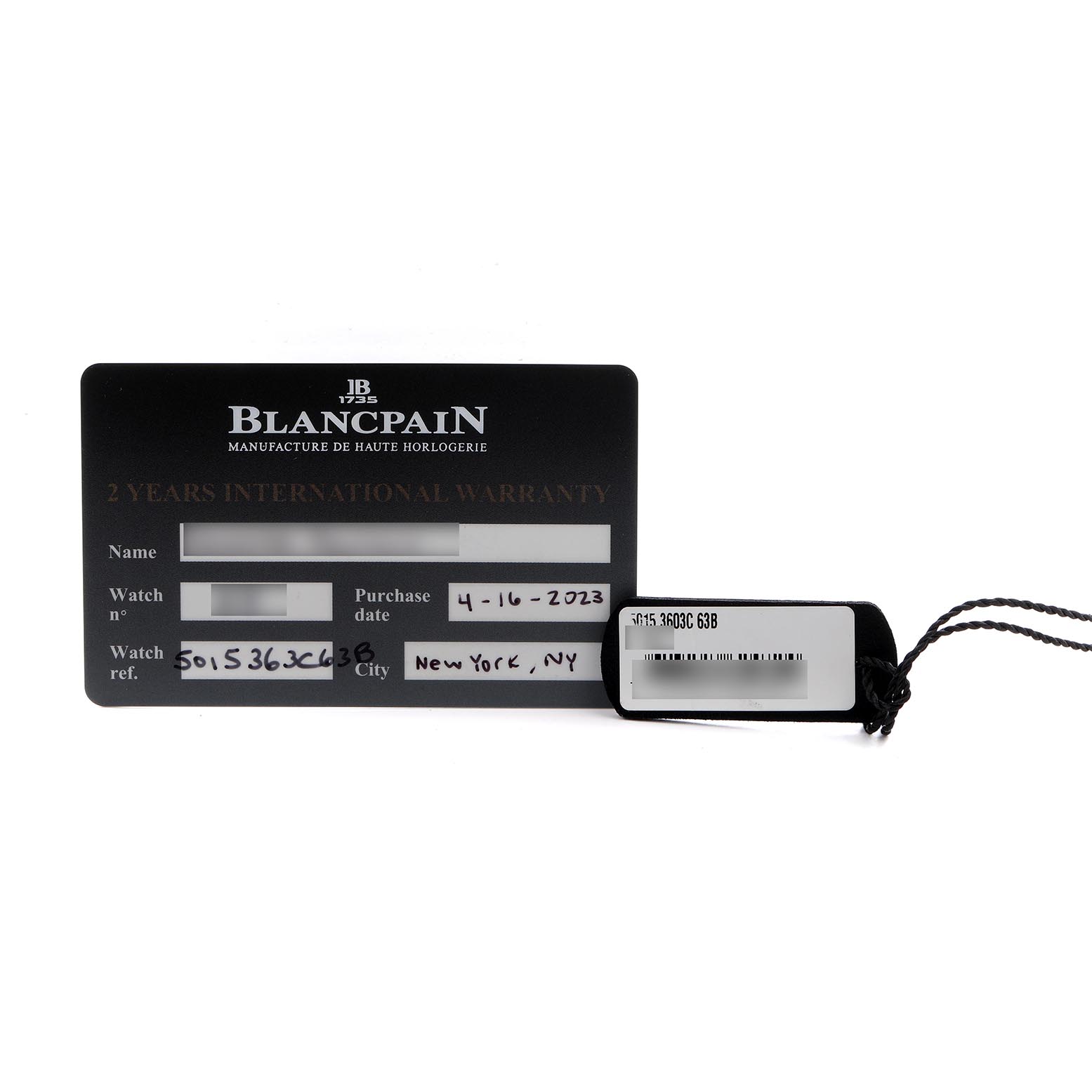 The image shows a Blancpain Fifty Fathoms 5015-363-C63B Men's Rose Gold Blue Dial 5015-363-C63B Men's Rose Gold Blue Dial warranty card and tag, both viewed from above.