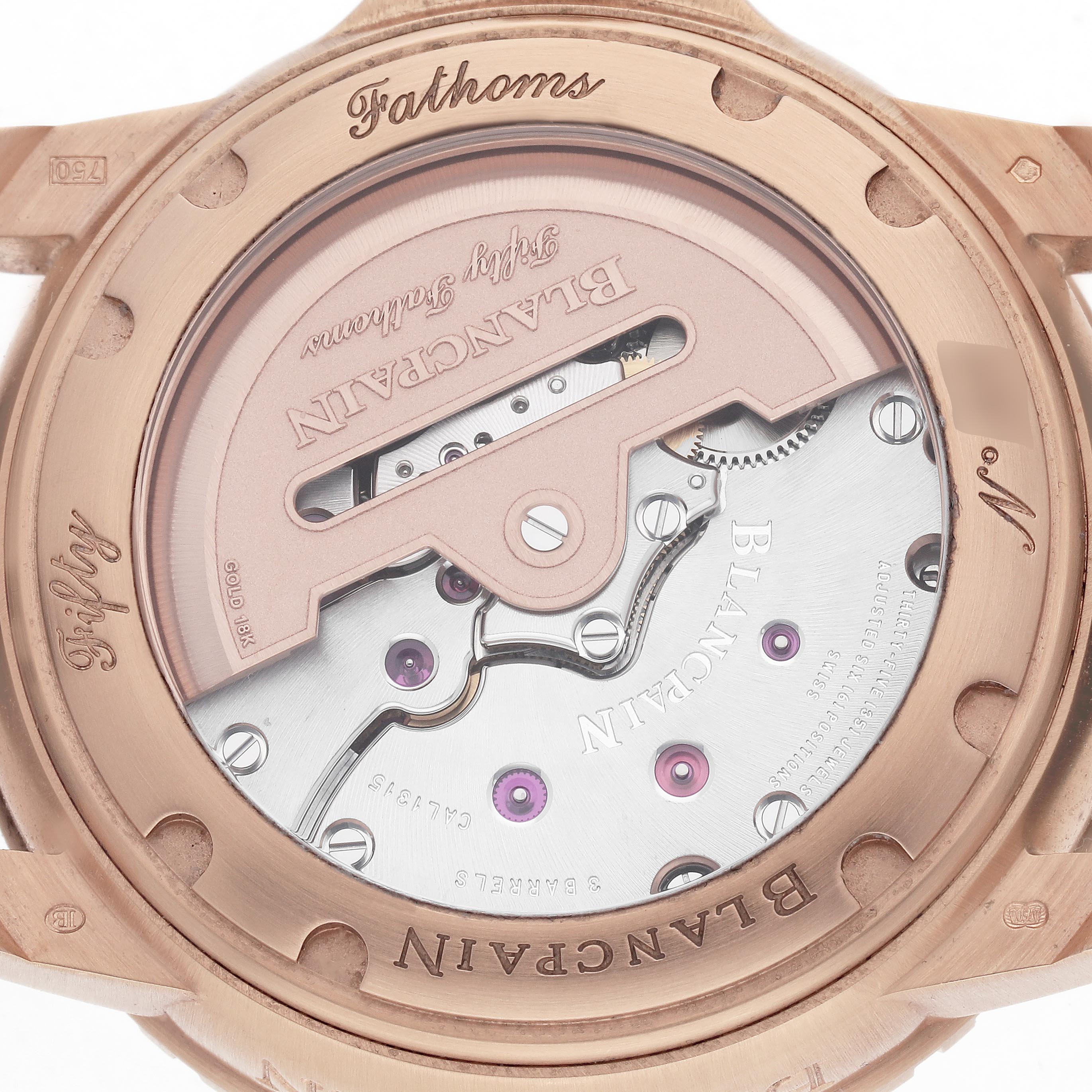 The image shows the case back of the Blancpain Fifty Fathoms 5015-363-C63B Men's Rose Gold Blue Dial 5015-363-C63B Men's Rose Gold Blue Dial, revealing its intricate movement.