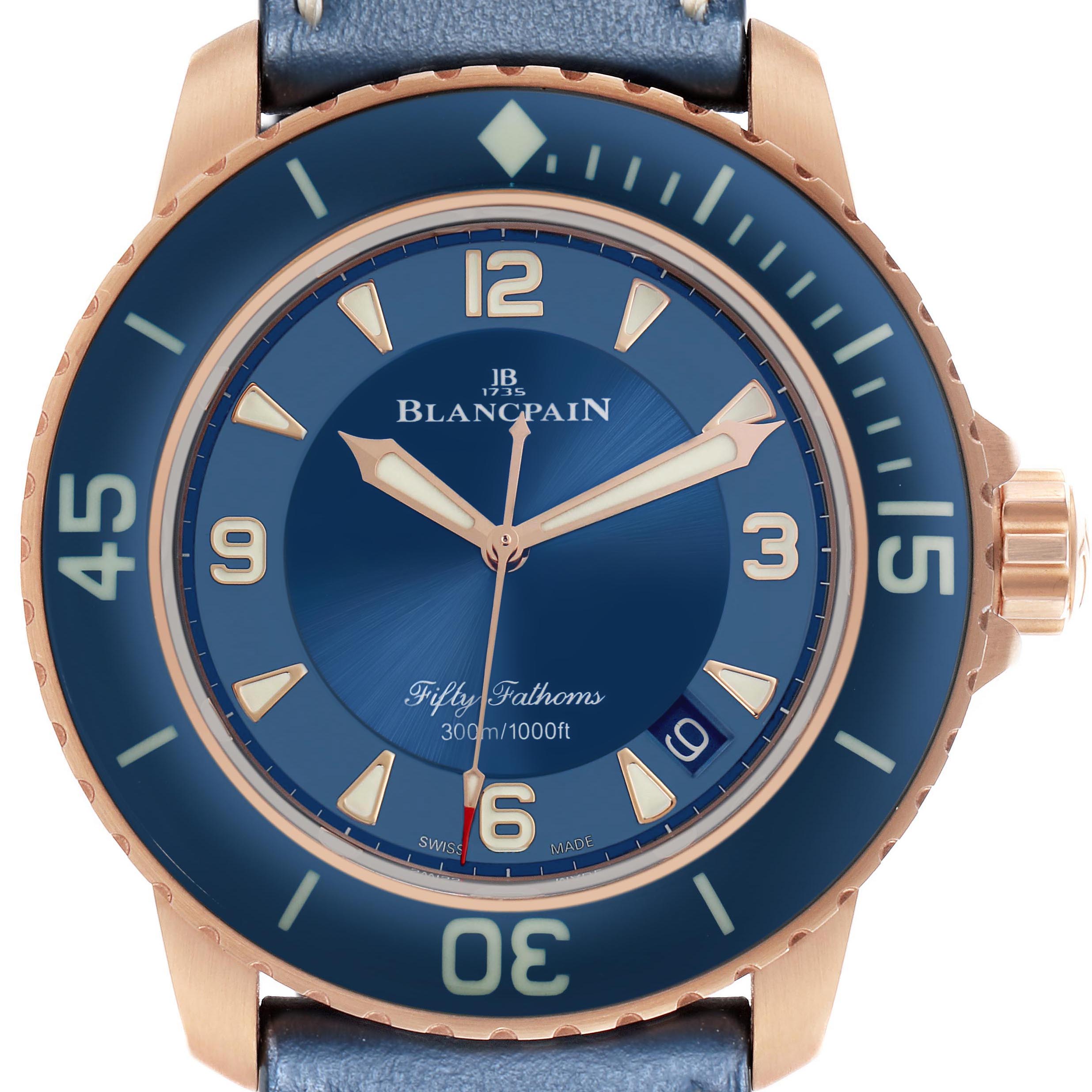 The image shows a front view of the Blancpain Fifty Fathoms 5015-363-C63B Men's Rose Gold Blue Dial watch, highlighting its blue dial and bezel, rose gold case, and crown.