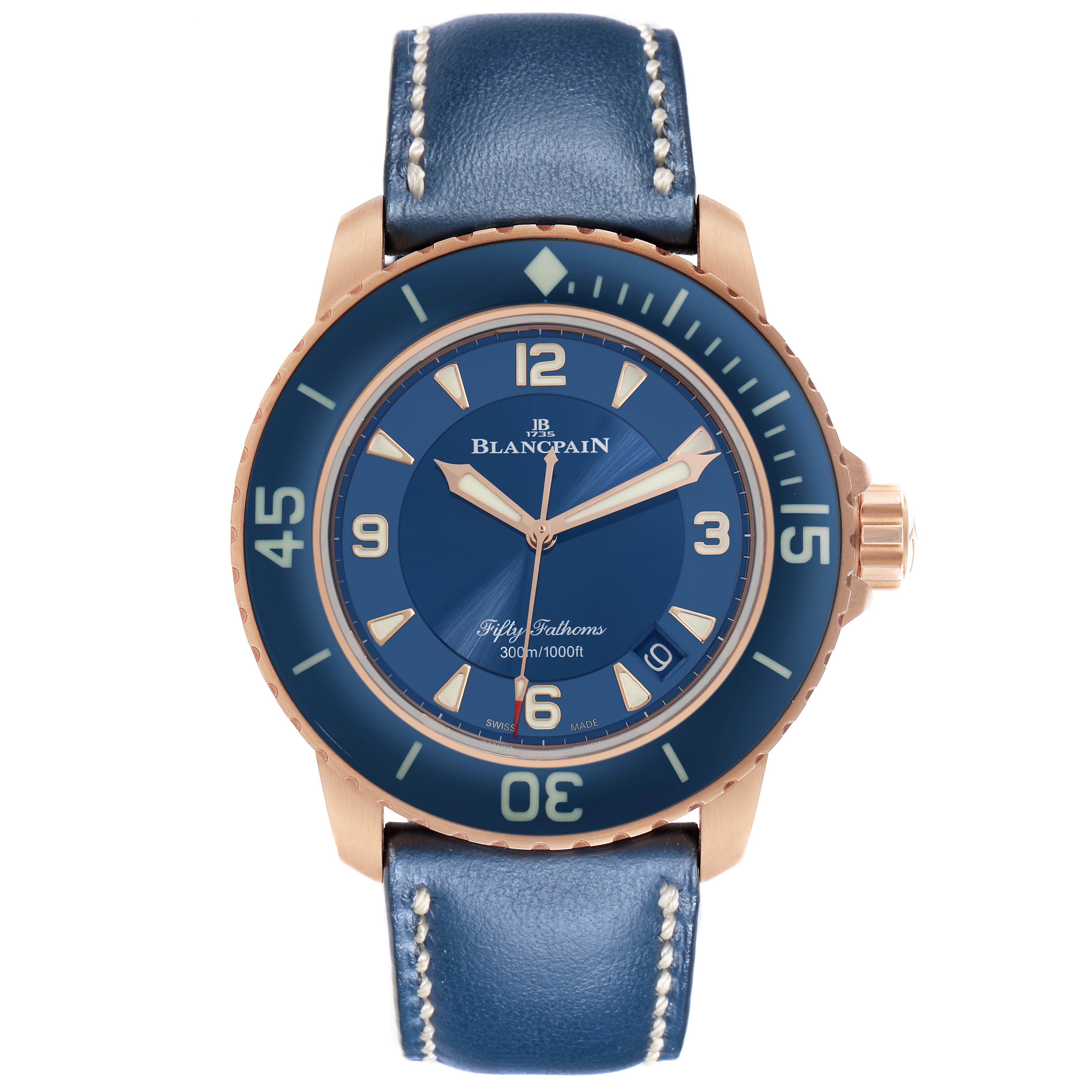 The Blancpain Fifty Fathoms 5015-363-C63B Men's Rose Gold Blue Dial 5015-363-C63B Men's Rose Gold Blue Dial watch is shown from a front view, displaying the dial, bezel, and strap.