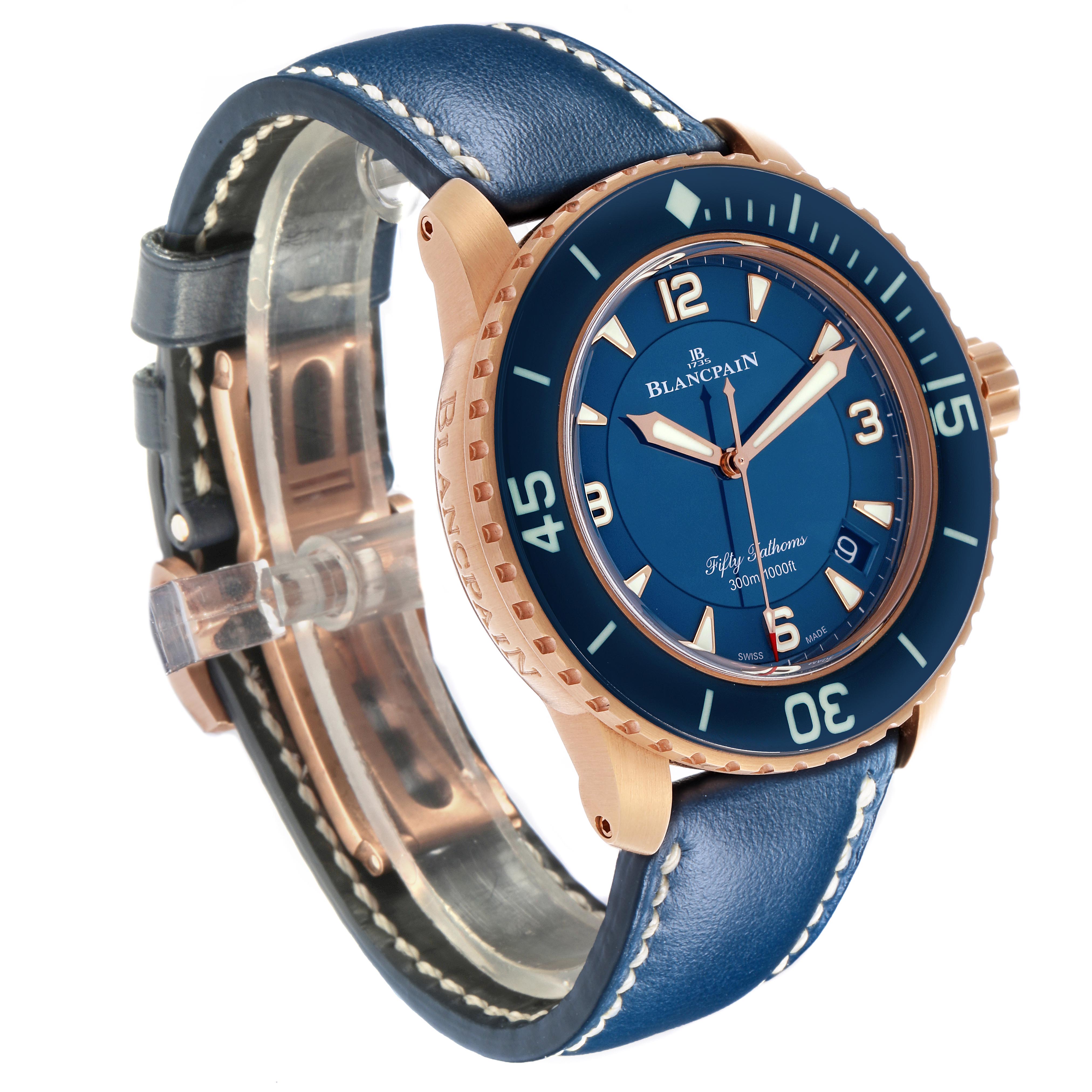 The Blancpain Fifty Fathoms 5015-363-C63B Men's Rose Gold Blue Dial 5015-363-C63B Men's Rose Gold Blue Dial watch is shown at a side angle, highlighting the bezel, dial, and blue strap.