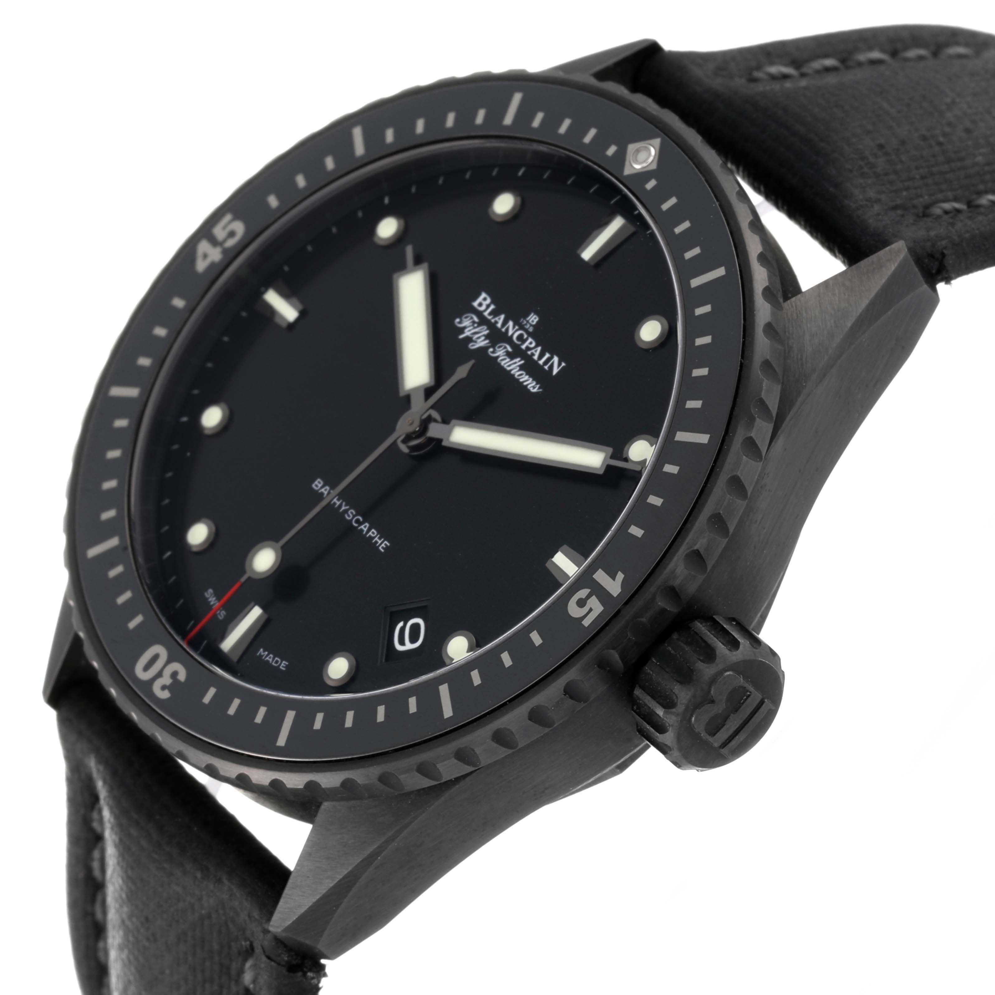 The image shows a close-up angle of the Blancpain Fifty Fathoms 5000-0130-B52A Men
s Ceramic Black Dial 5000-0130-B52A Men
s Ceramic Black Dial watch, focusing on the dial, bezel, and crown.