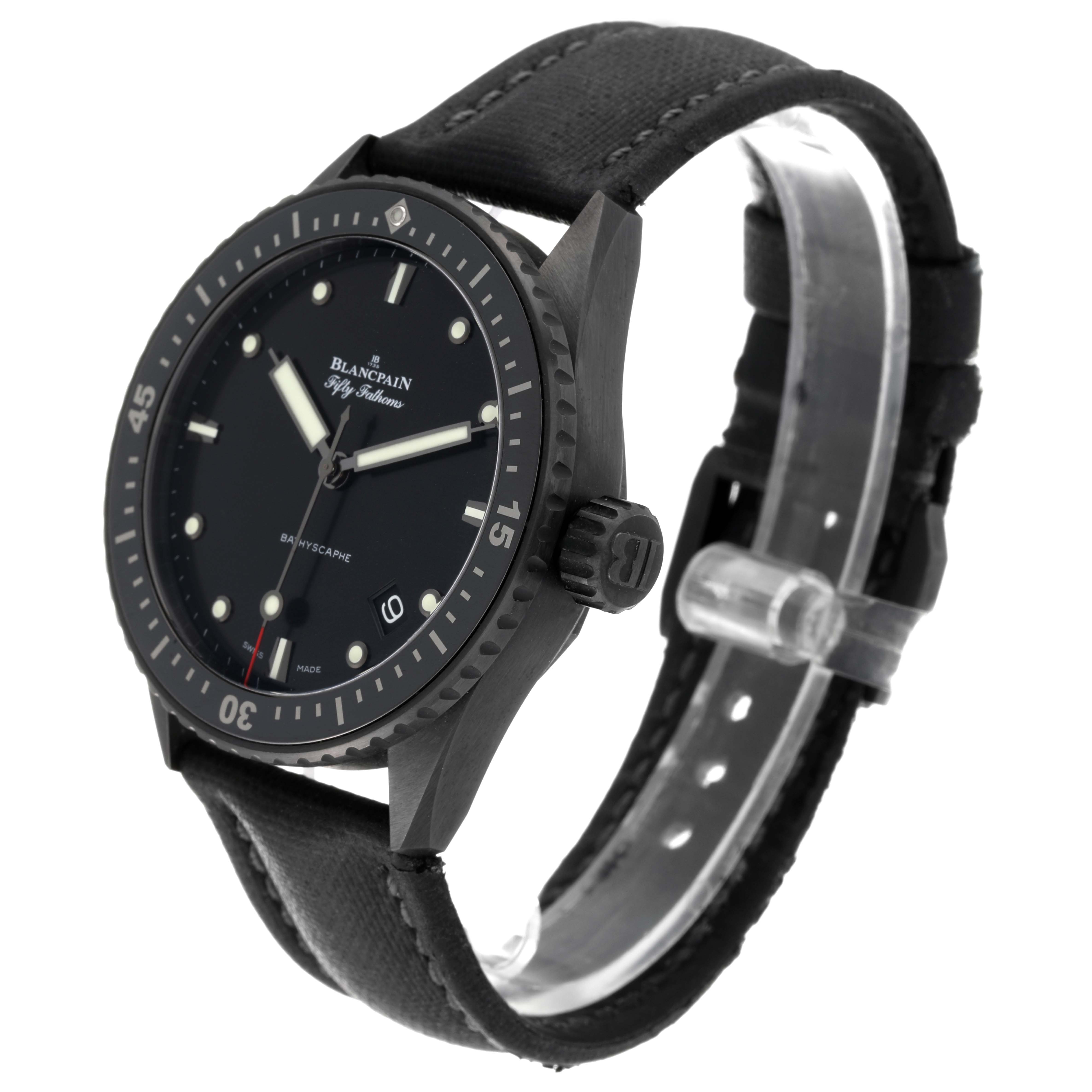 The image shows a Blancpain Fifty Fathoms 5000-0130-B52A Men
s Ceramic Black Dial 5000-0130-B52A Men
s Ceramic Black Dial watch at a three-quarter angle, highlighting the black dial, bezel, and strap.