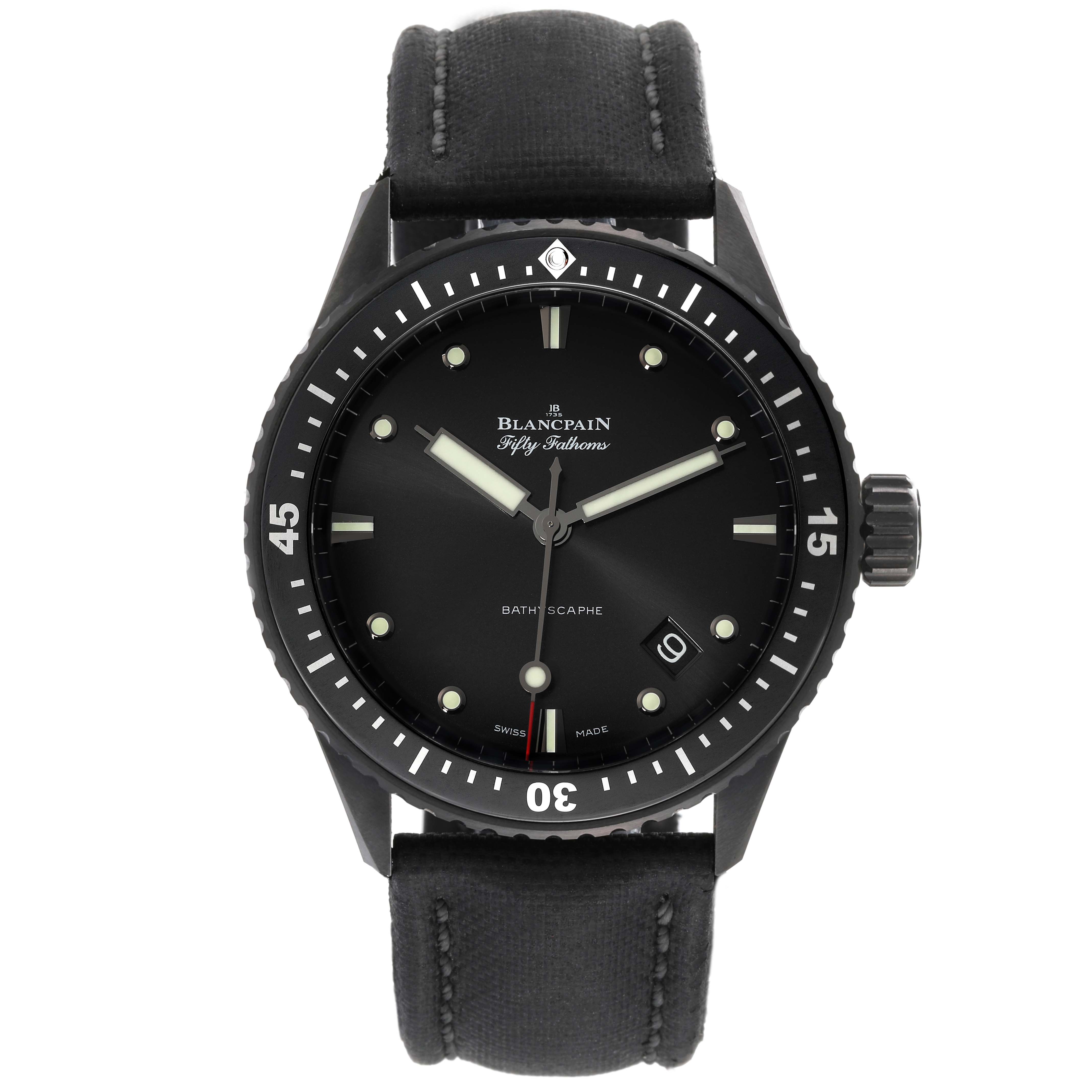 The image shows a front view of the Blancpain Fifty Fathoms 5000-0130-B52A Men
s Ceramic Black Dial 5000-0130-B52A Men
s Ceramic Black Dial watch with a black dial and strap.