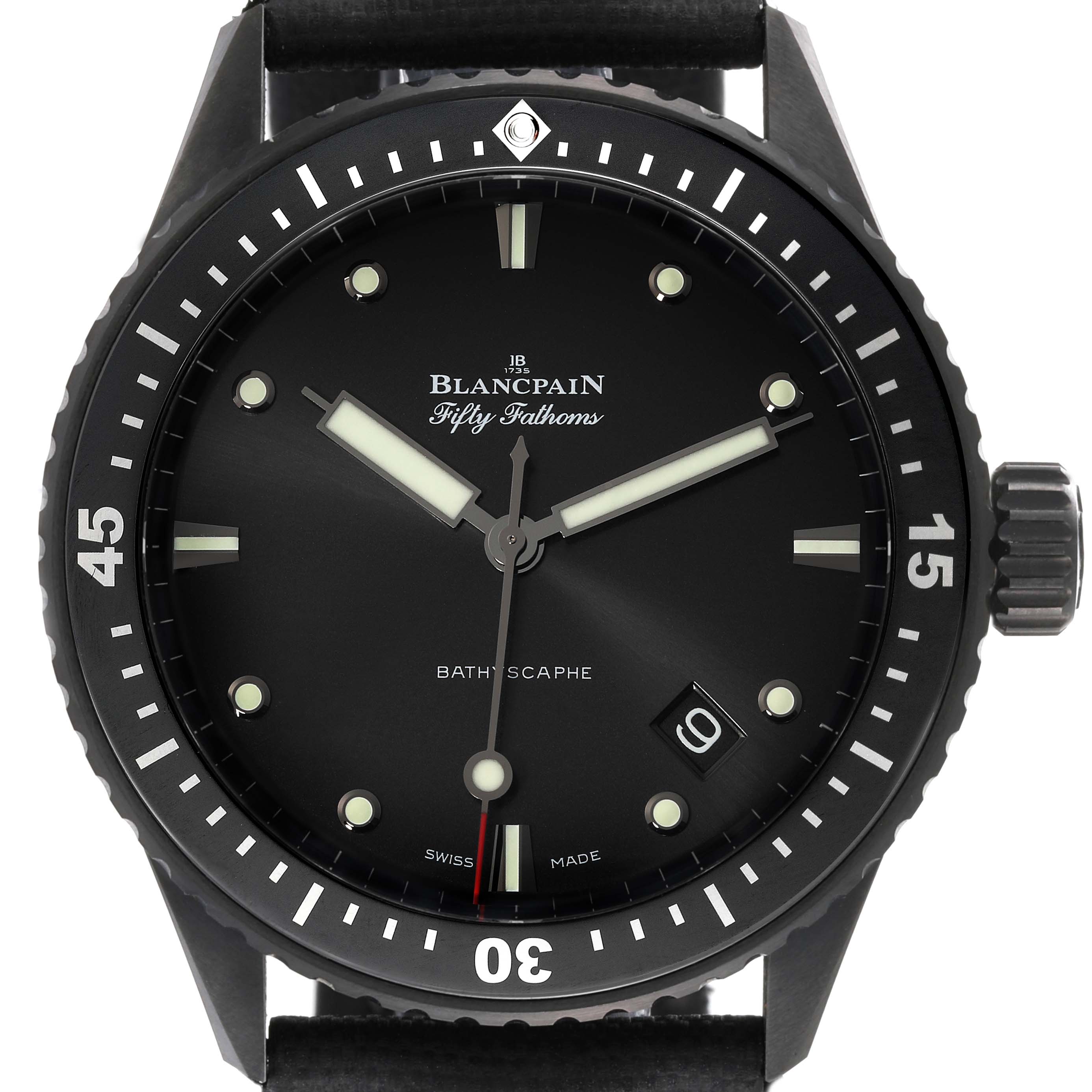 The Blancpain Fifty Fathoms 5000-0130-B52A Men
s Ceramic Black Dial 5000-0130-B52A Men
s Ceramic Black Dial watch is shown from a front angle, displaying its dial, bezel, and crown.