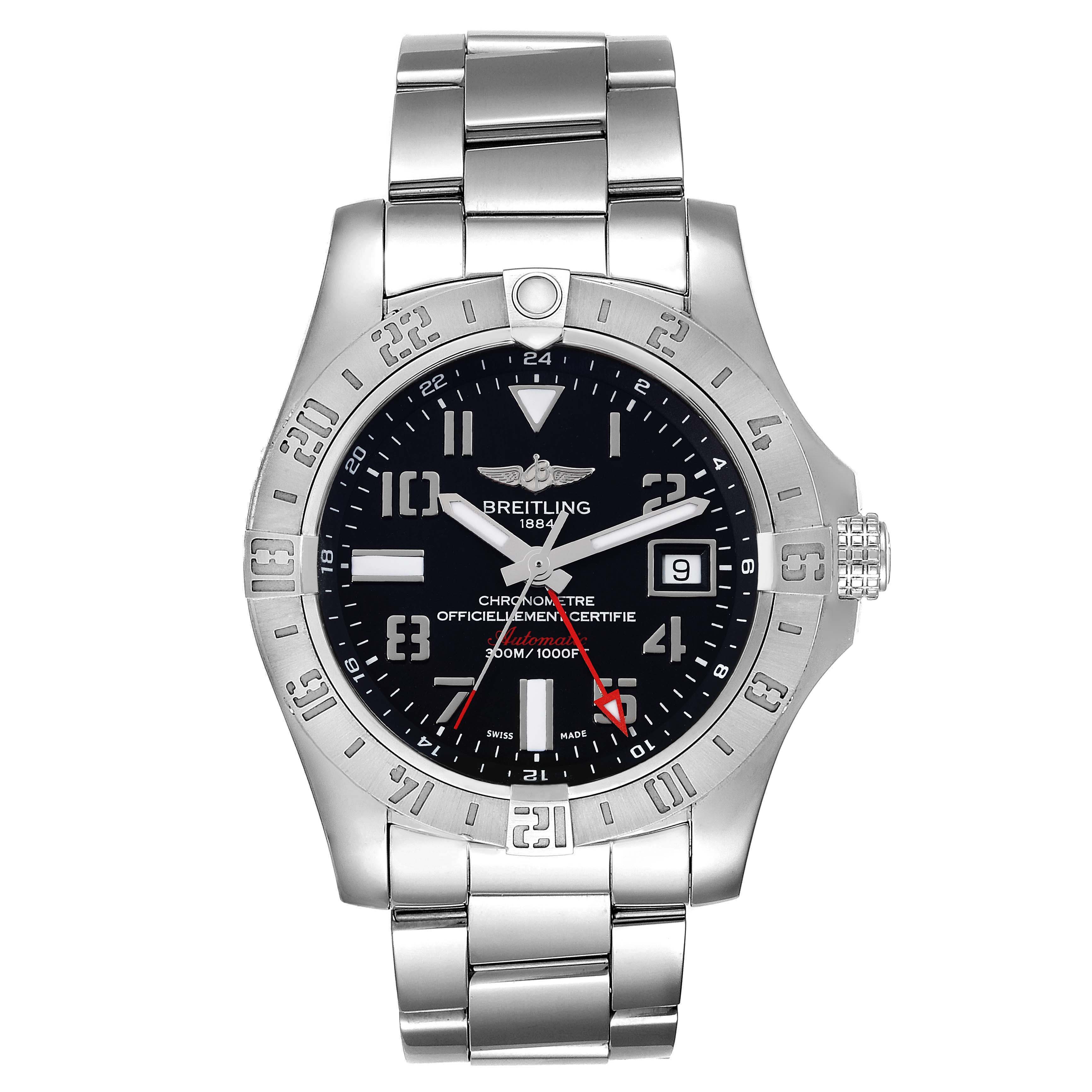 The image shows a front view of the Breitling Avenger A3239011/BC34 Men's Stainless Steel Black Dial A3239011/BC34 Men's Stainless Steel Black Dial watch displaying its face, bezel, crown, and stainless steel bracelet.