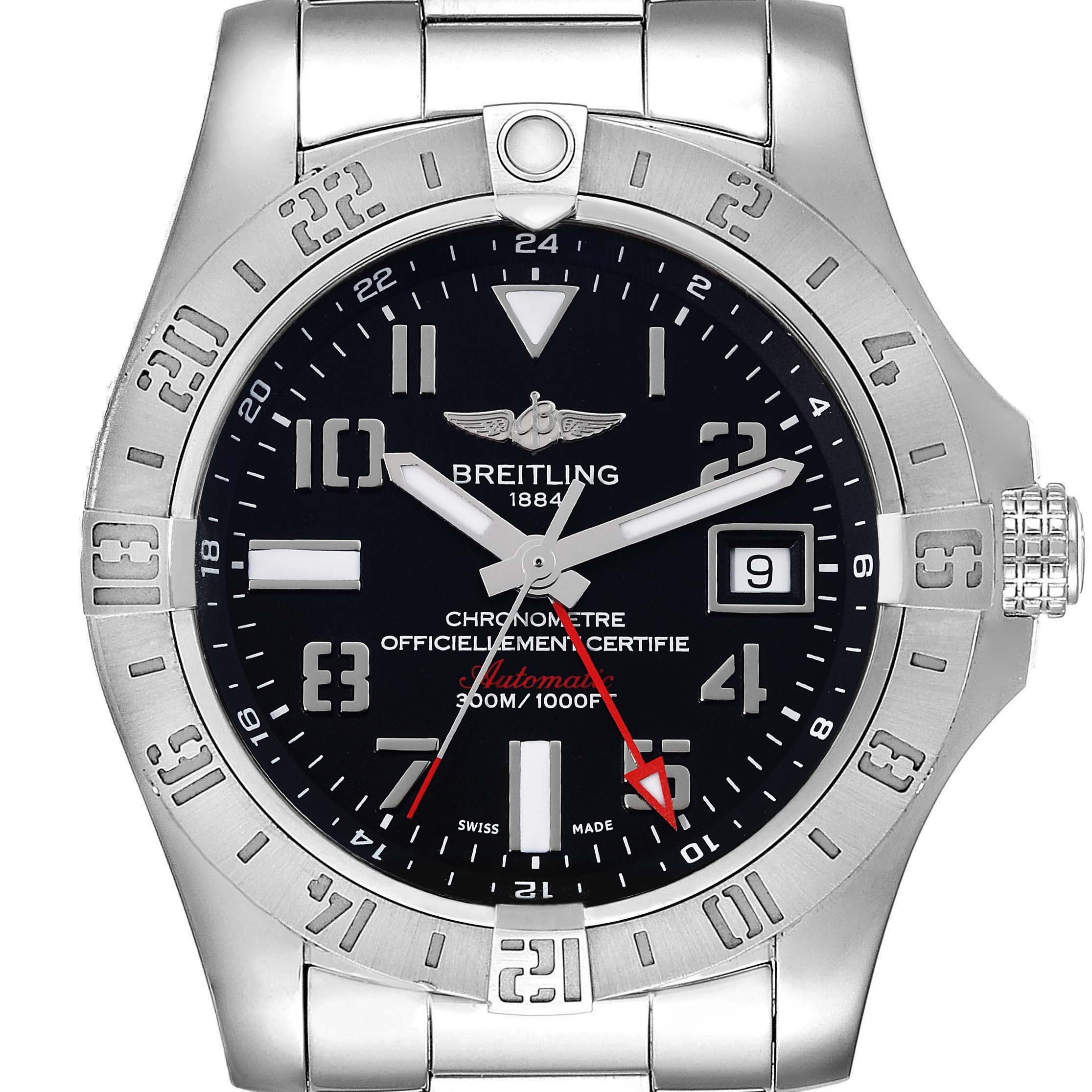 The image shows a front view of the Breitling Avenger A3239011/BC34 Men's Stainless Steel Black Dial A3239011/BC34 Men's Stainless Steel Black Dial watch, detailing the dial, bezel, hands, and date window.