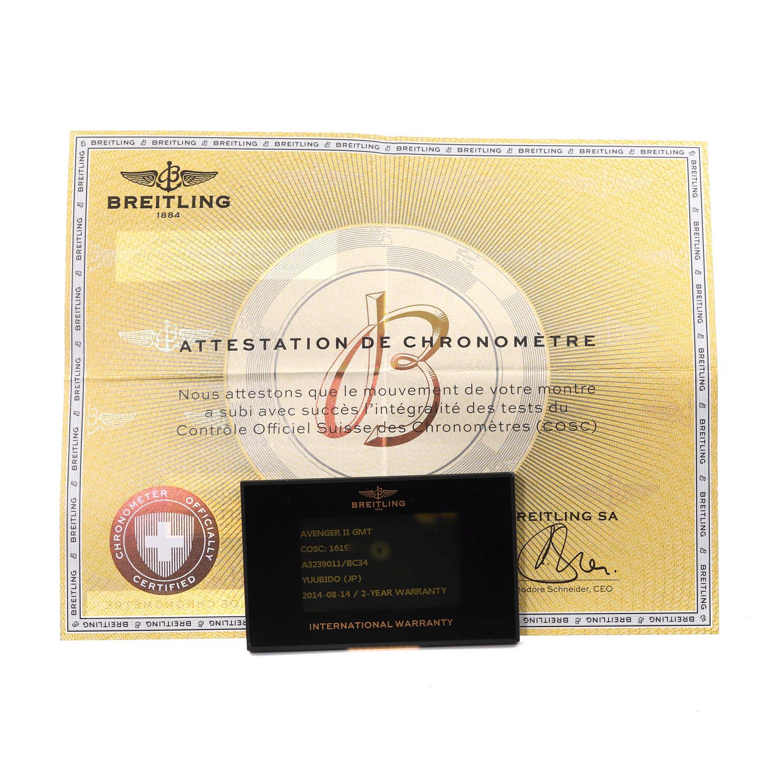 This image shows the authentication certificate and international warranty card for a Breitling Avenger A3239011/BC34 Men's Stainless Steel Black Dial A3239011/BC34 Men's Stainless Steel Black Dial II GMT watch.