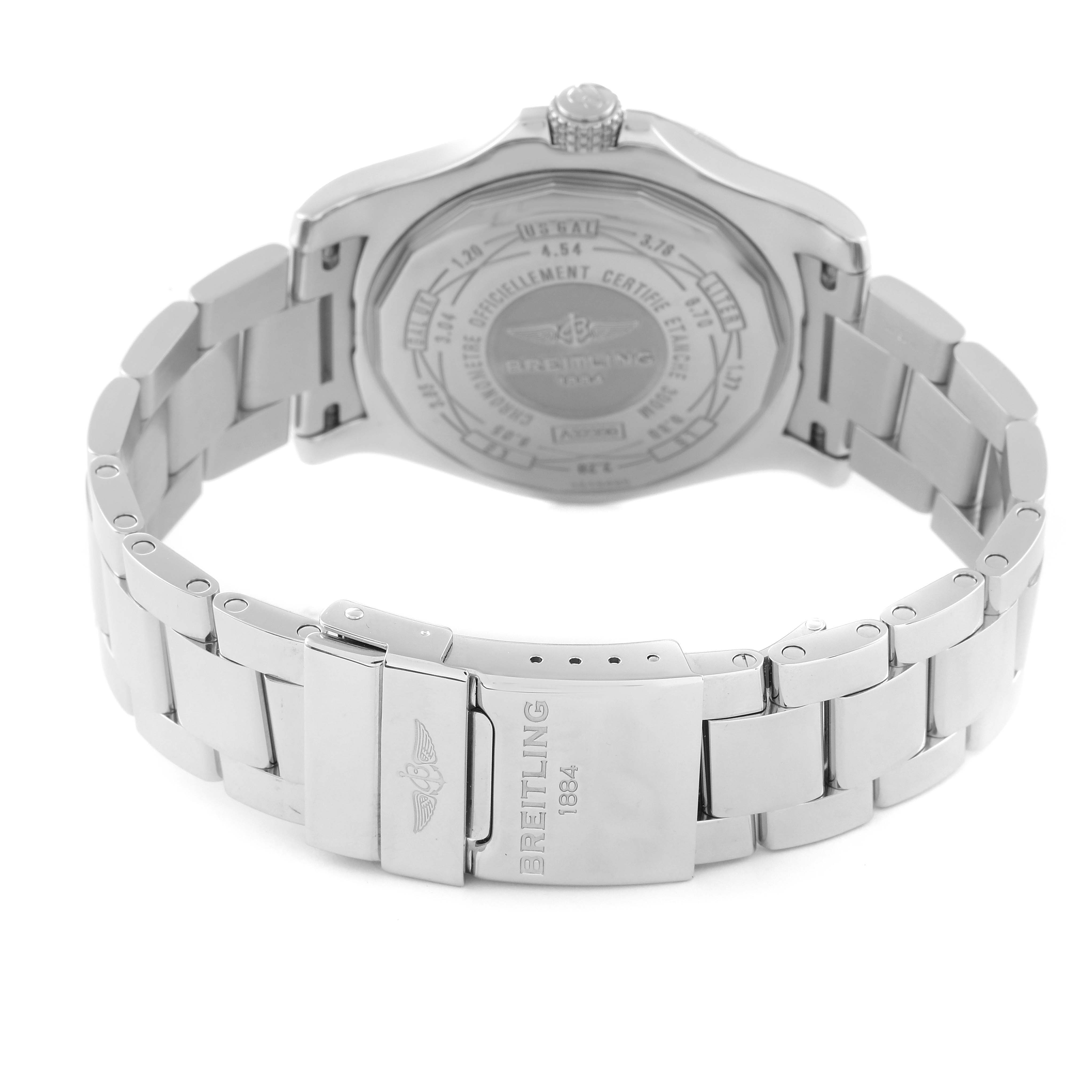 This image shows the back case and stainless steel bracelet of a Breitling Avenger A3239011/BC34 Men's Stainless Steel Black Dial A3239011/BC34 Men's Stainless Steel Black Dial watch.