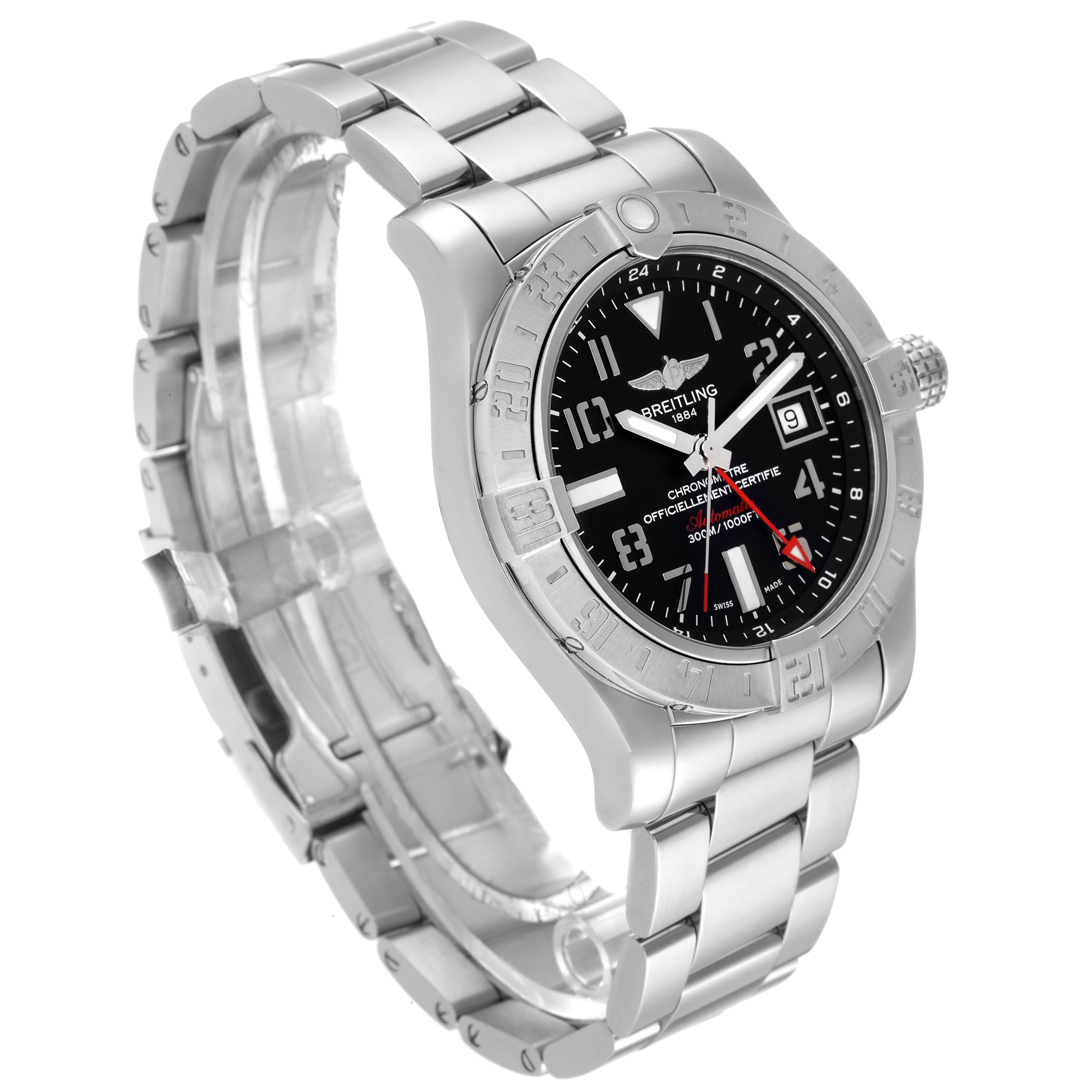 This image shows a side angle of the Breitling Avenger A3239011/BC34 Men's Stainless Steel Black Dial A3239011/BC34 Men's Stainless Steel Black Dial watch, highlighting the bracelet, bezel, and dial.