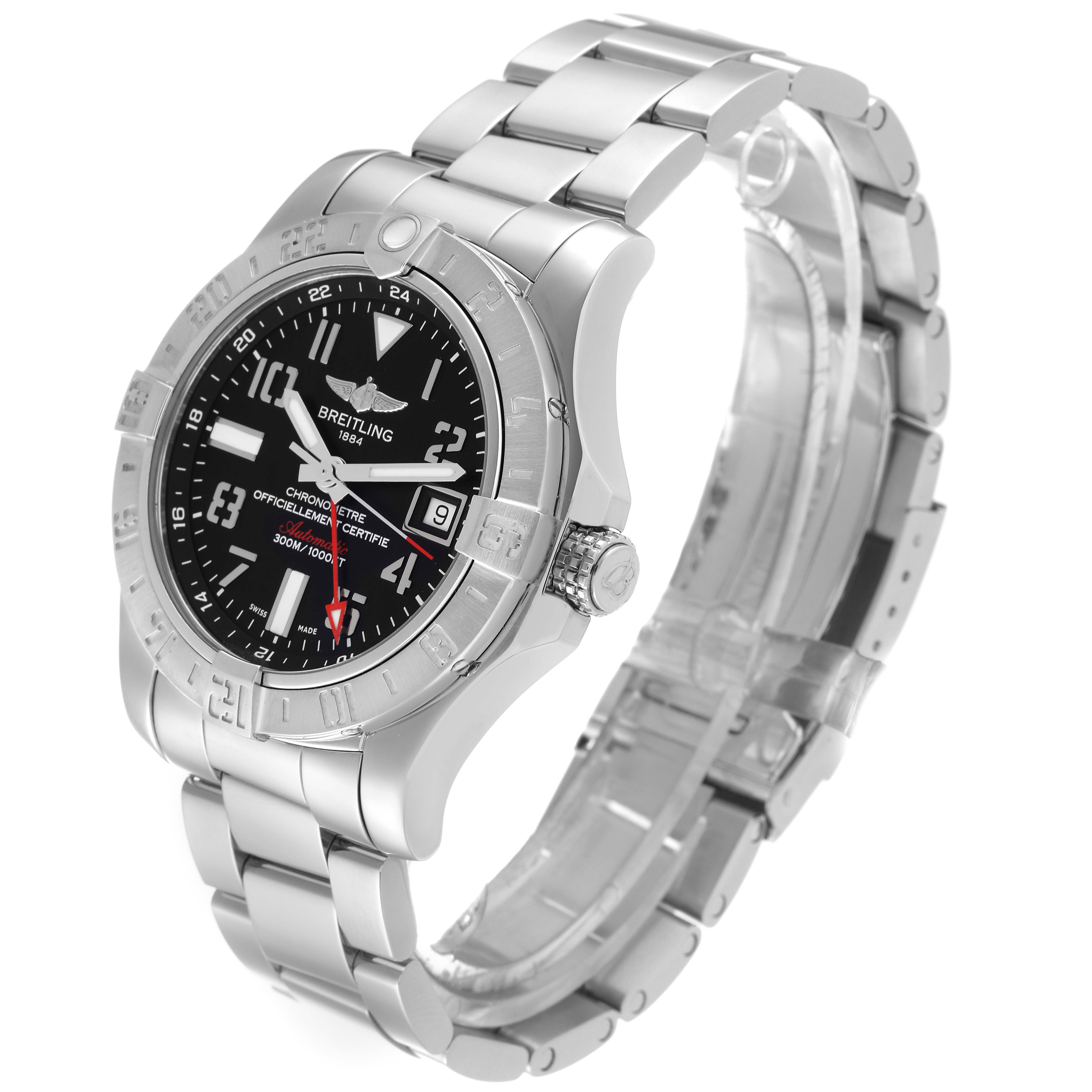 The image shows a Breitling Avenger A3239011/BC34 Men's Stainless Steel Black Dial A3239011/BC34 Men's Stainless Steel Black Dial watch from a side angle, highlighting the face, bezel, crown, and metal bracelet.