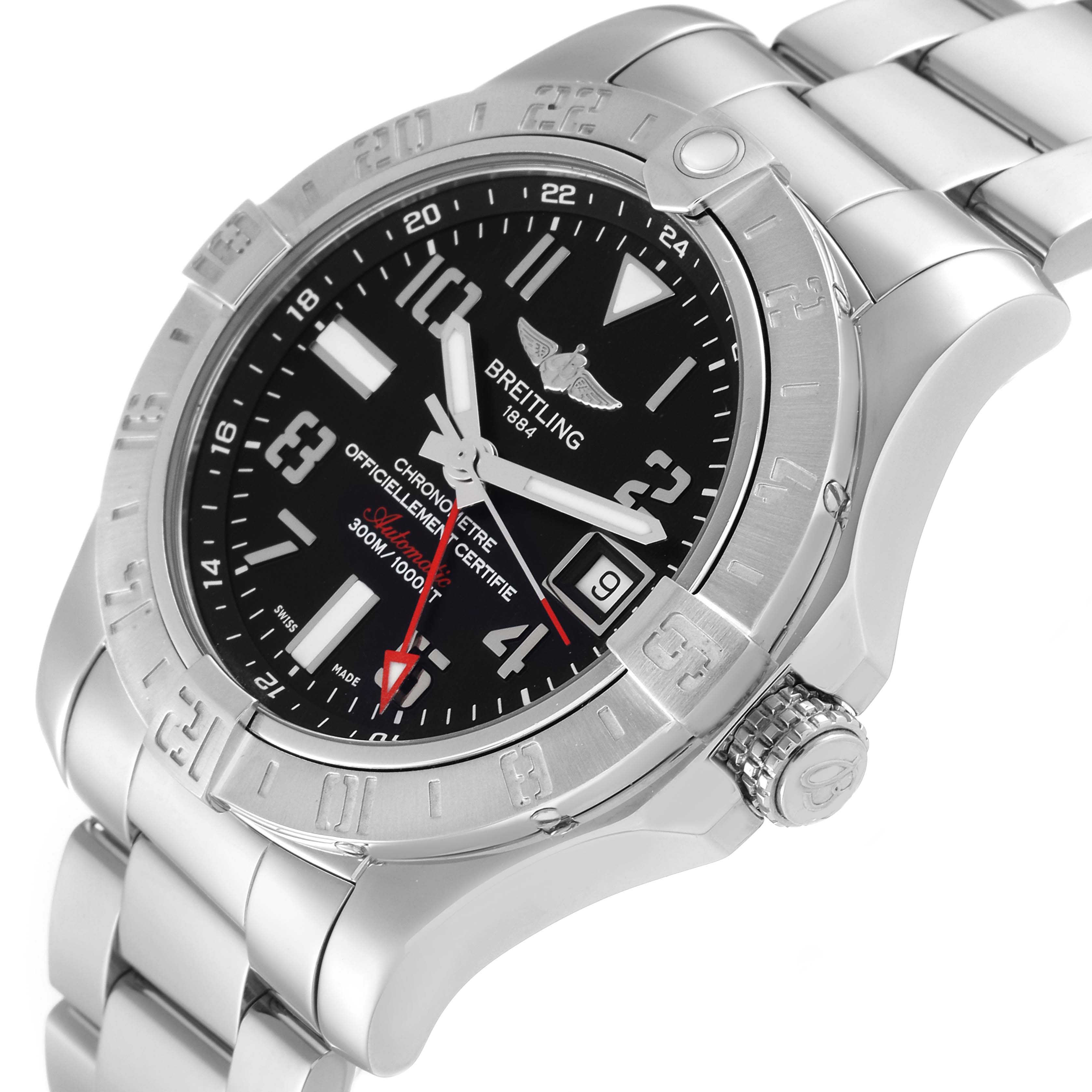 The image shows a Breitling Avenger A3239011/BC34 Men's Stainless Steel Black Dial A3239011/BC34 Men's Stainless Steel Black Dial model watch from a slight side angle, highlighting its dial, bezel, and metal bracelet.