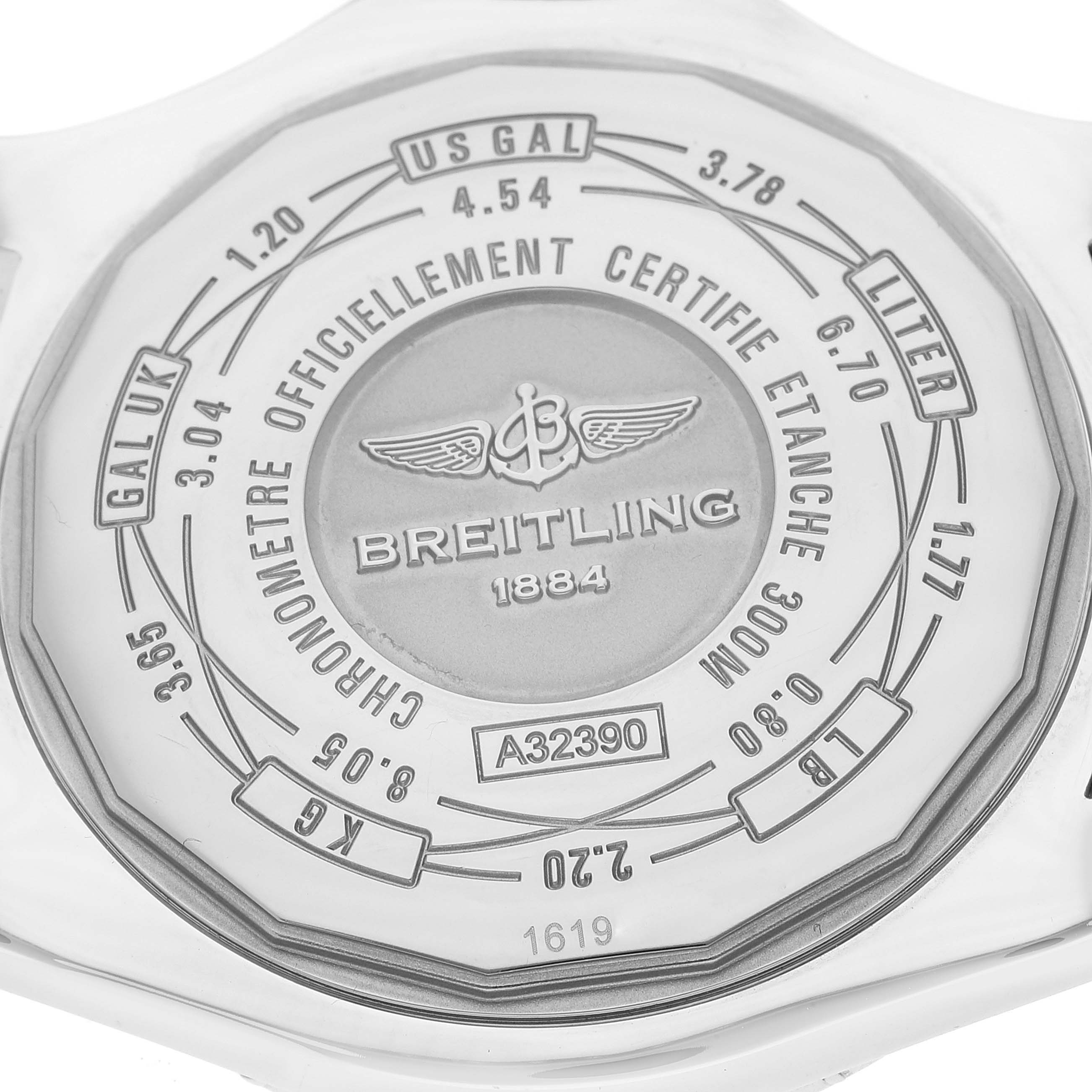 This image shows the back case of a Breitling Avenger A3239011/BC34 Men's Stainless Steel Black Dial A3239011/BC34 Men's Stainless Steel Black Dial watch, highlighting its engravings and certifications.