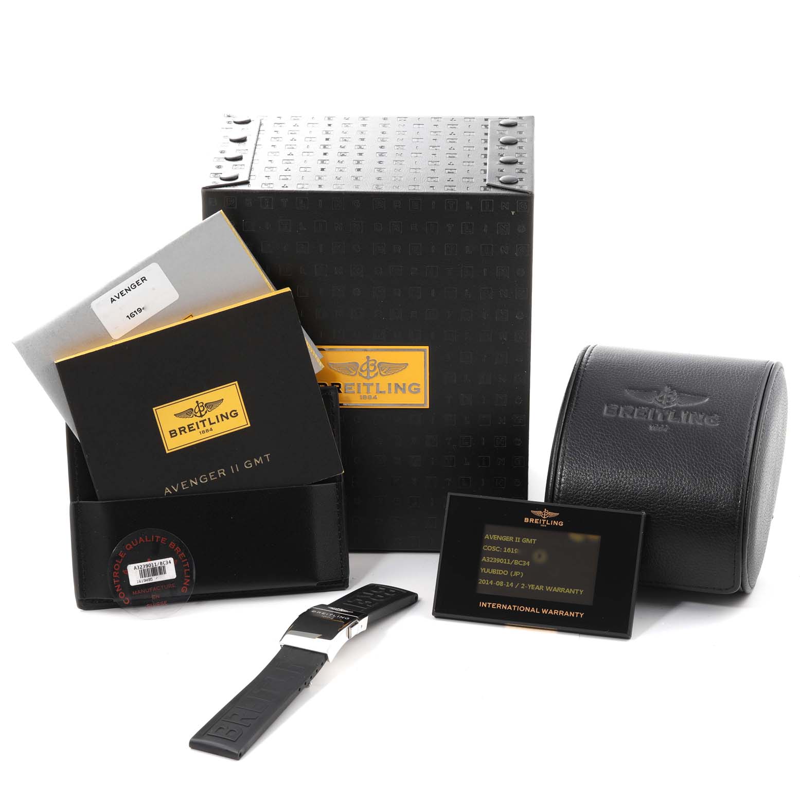 The image shows a Breitling Avenger A3239011/BC34 Men's Stainless Steel Black Dial A3239011/BC34 Men's Stainless Steel Black Dial II GMT watch with its accessories, including the box, warranty card, and manuals, from a front angle.