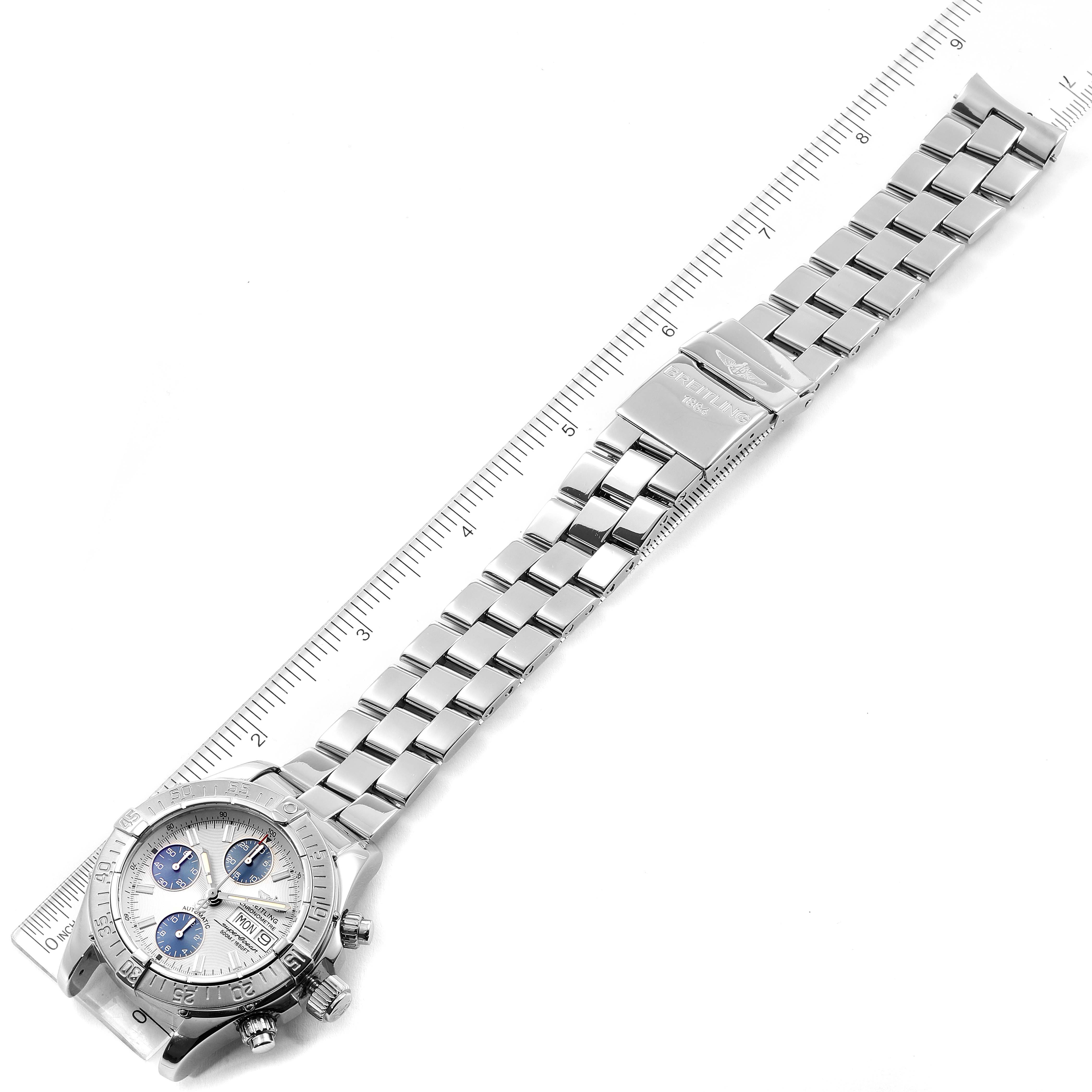 The image shows a Breitling Superocean A13340 Men's Stainless Steel Beige Dial A13340 Men's Stainless Steel Beige Dial watch from an overhead angle, displaying the full watchband and dial.