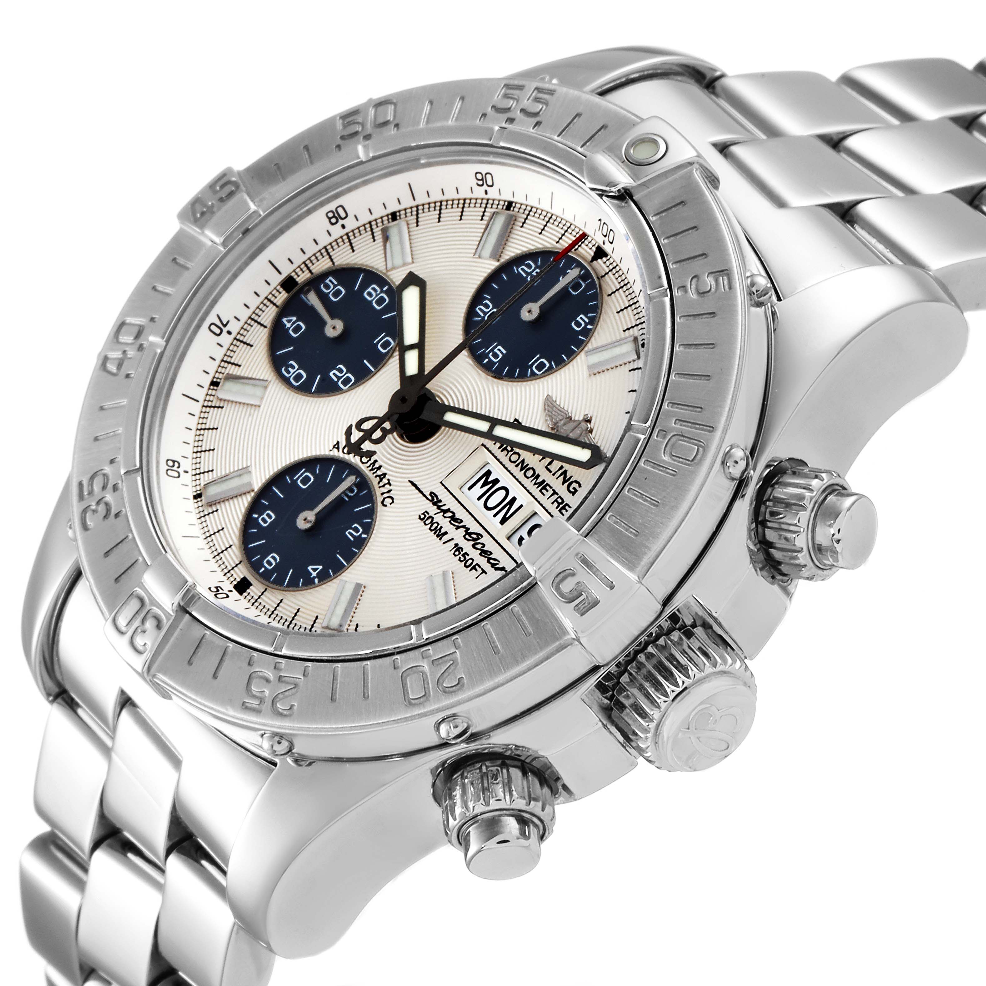 This Breitling Superocean A13340 Men's Stainless Steel Beige Dial A13340 Men's Stainless Steel Beige Dial watch is shown at a tilted angle displaying the face, bezel, chronograph subdials, and part of the bracelet.