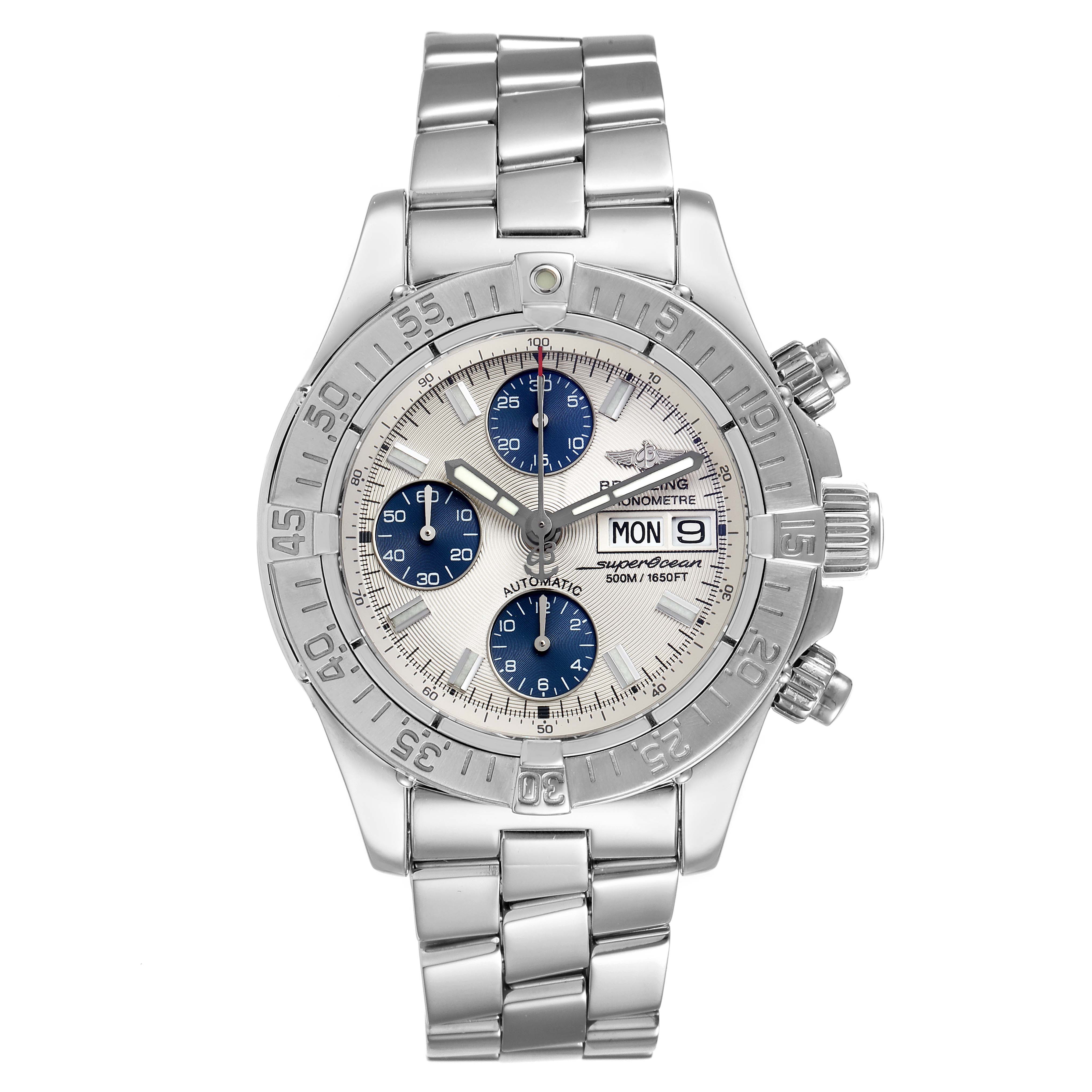 This image shows a front view of a Breitling Superocean A13340 Men's Stainless Steel Beige Dial A13340 Men's Stainless Steel Beige Dial watch, highlighting the dial, bezel, three subdials, and metal bracelet.