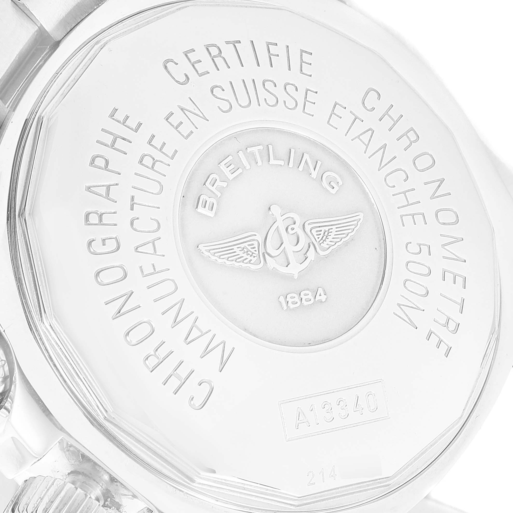 The image shows the back of the Breitling Superocean A13340 Men's Stainless Steel Beige Dial A13340 Men's Stainless Steel Beige Dial watch, highlighting its engravings and logo.