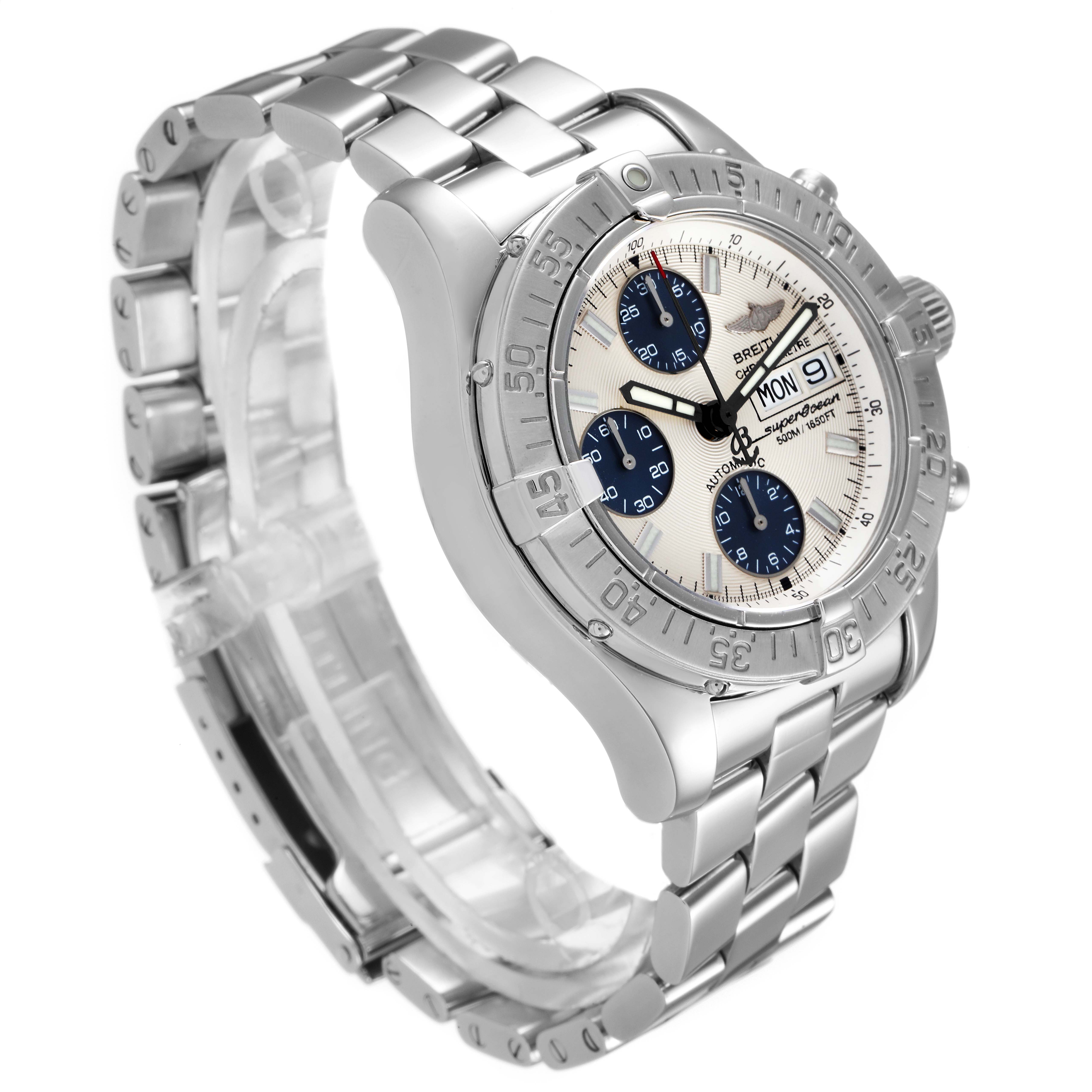 This image shows a Breitling Superocean A13340 Men's Stainless Steel Beige Dial A13340 Men's Stainless Steel Beige Dial watch at a three-quarter angle, highlighting its stainless steel bracelet, bezel, and dial.