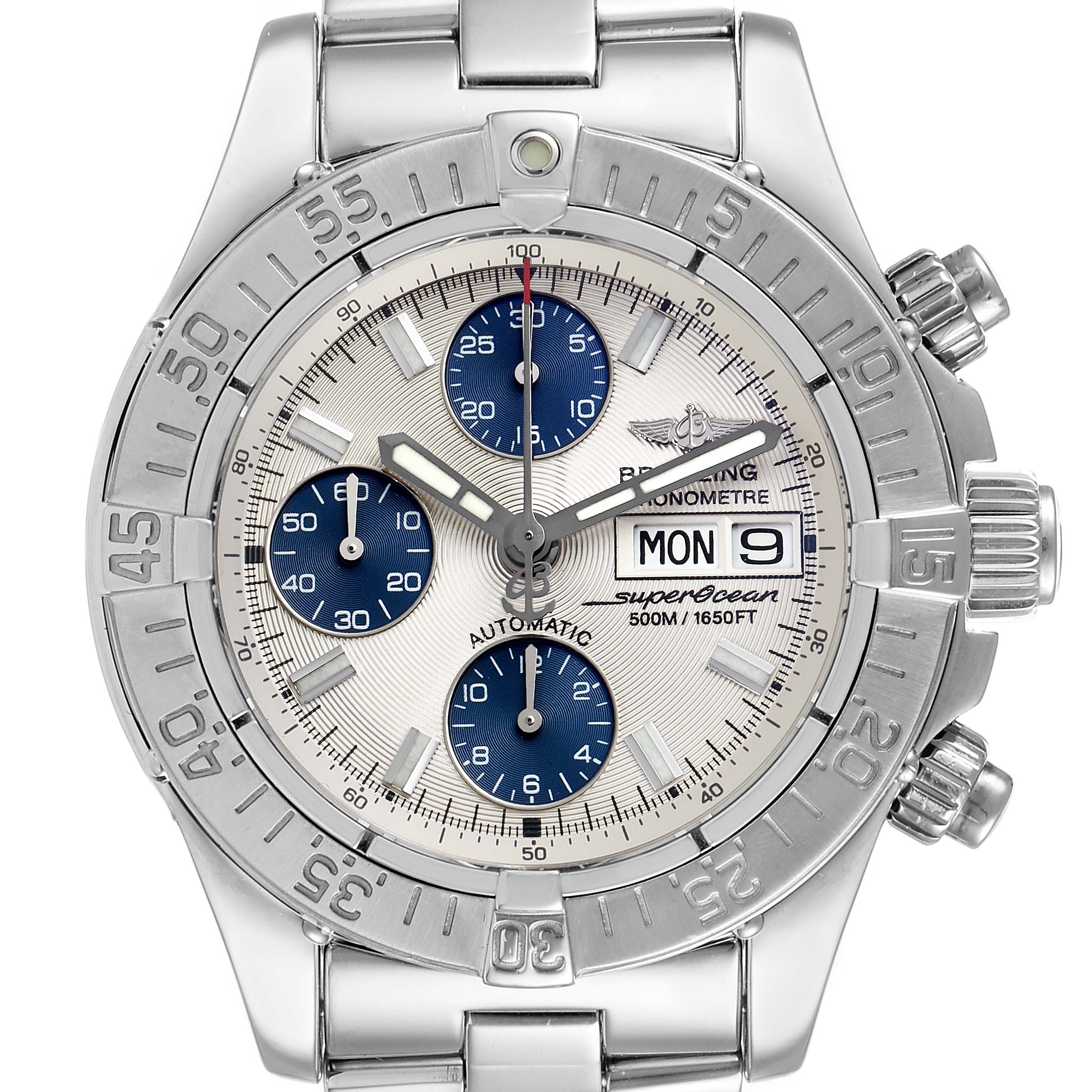 The image shows a front view of a Breitling Superocean A13340 Men's Stainless Steel Beige Dial A13340 Men's Stainless Steel Beige Dial watch with a stainless steel bracelet and three subdials.