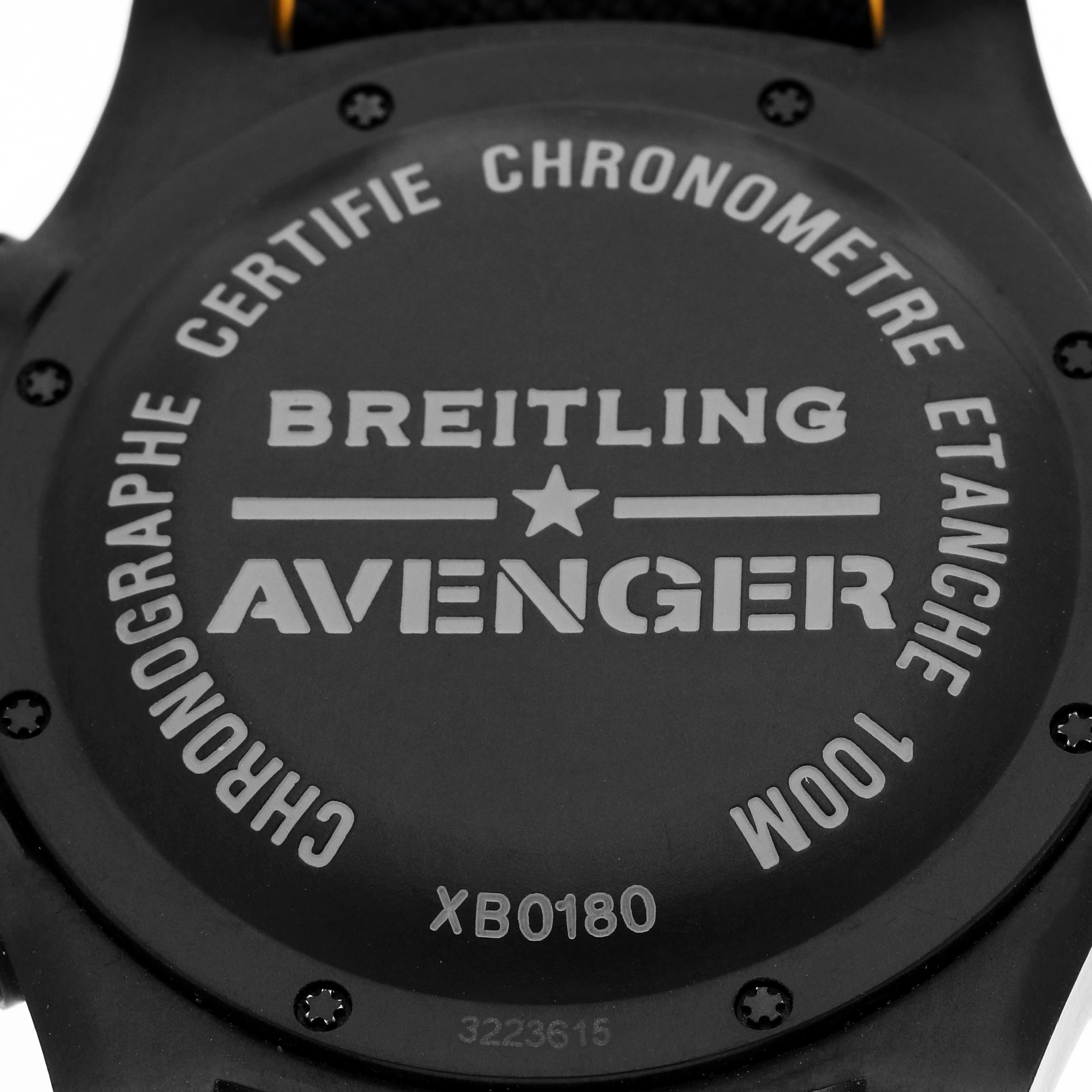 The image shows the back case of a Breitling Avenger XB0180 Men's Ceramic Black Dial XB0180 Men's Ceramic Black Dial watch, highlighting engravings and model details.