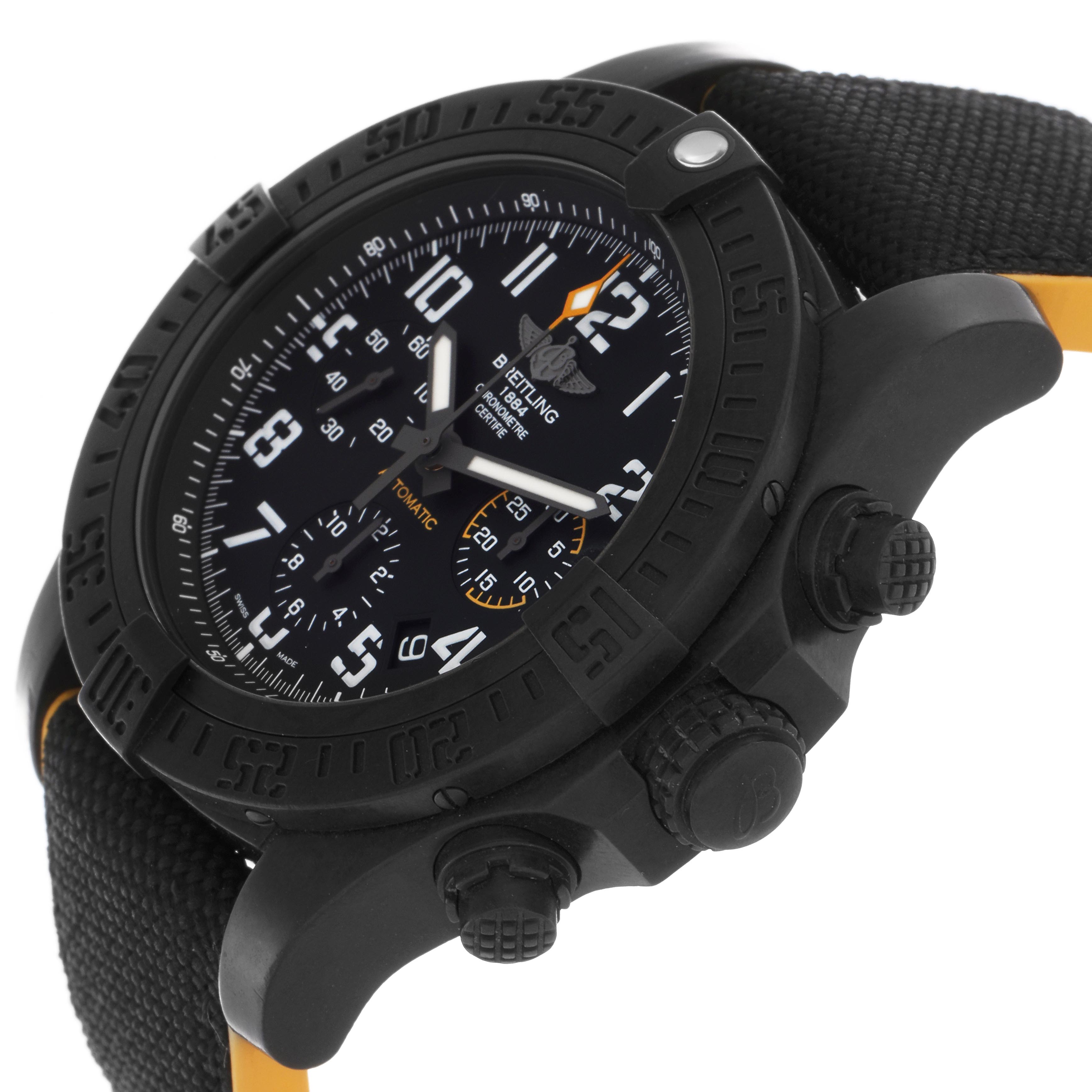 The Breitling Avenger XB0180 Men's Ceramic Black Dial XB0180 Men's Ceramic Black Dial watch is shown at a three-quarter angle focusing on the face, bezel, crown, pushers, and part of the strap.