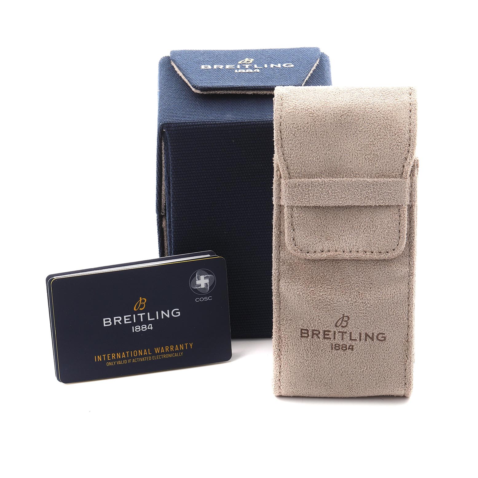 This image shows the box, suede pouch, and international warranty card for the Breitling Avenger XB0180 Men's Ceramic Black Dial XB0180 Men's Ceramic Black Dial watch.