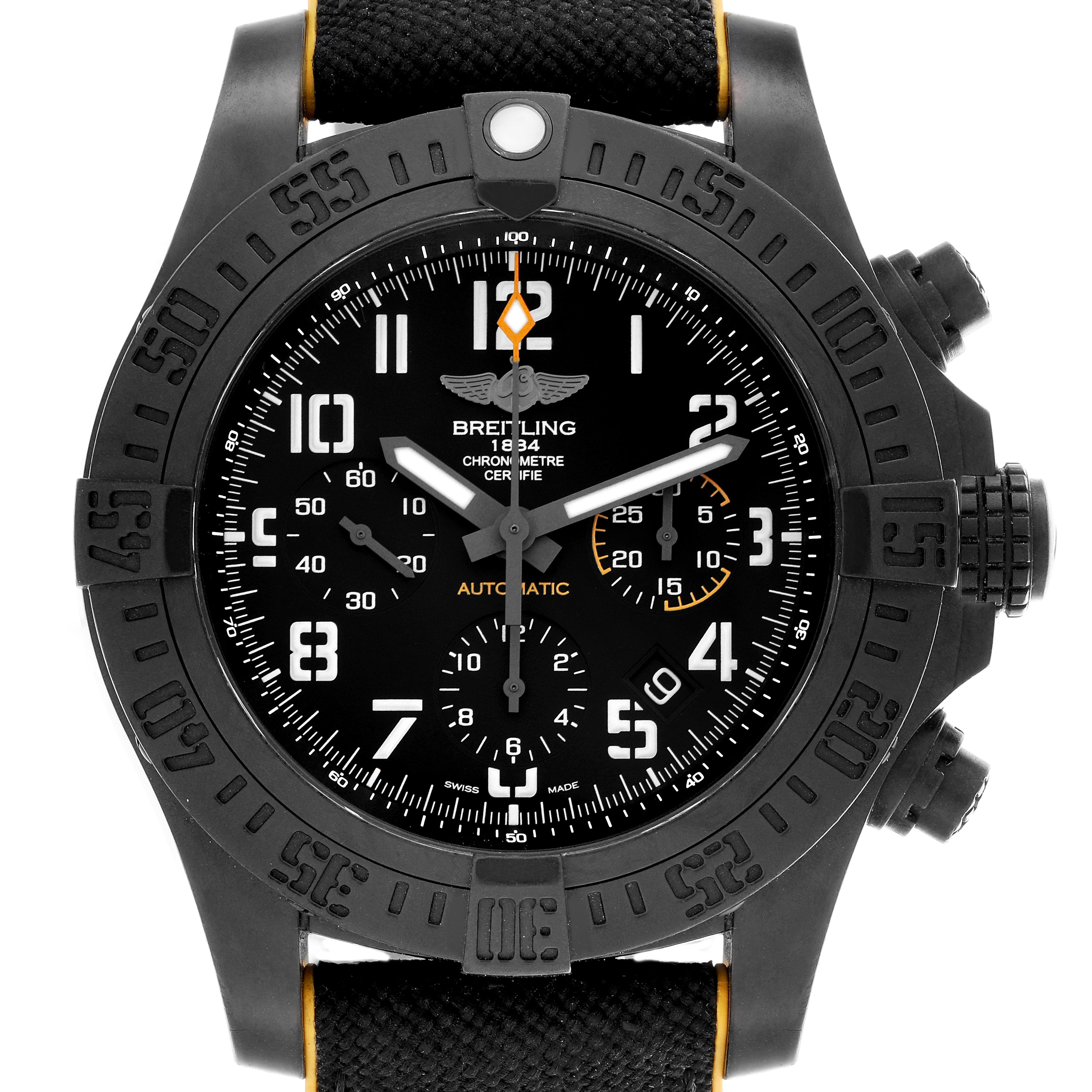 The Breitling Avenger XB0180 Men's Ceramic Black Dial XB0180 Men's Ceramic Black Dial watch is shown from a front angle, highlighting its black dial, bezel, pushers, and crown.
