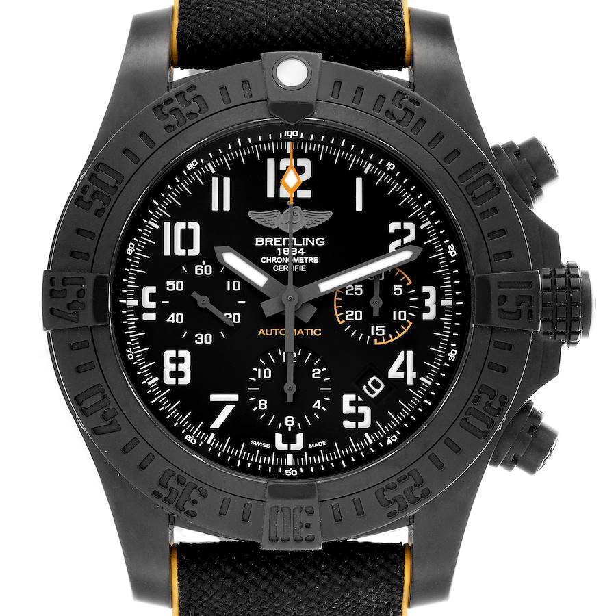 The Breitling Avenger watch is shown from a front angle, highlighting its black dial, bezel, pushers, and crown.