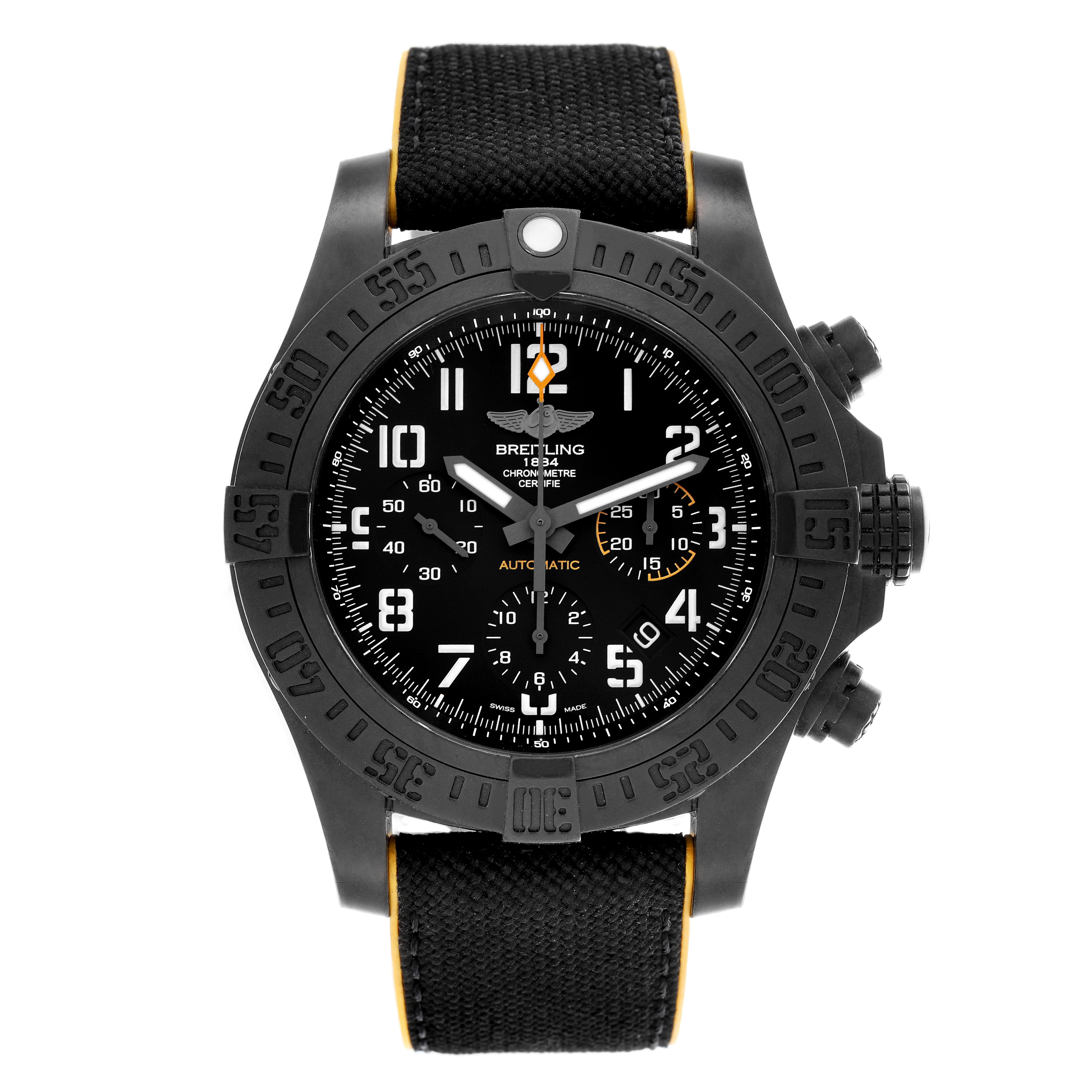 The Breitling Avenger XB0180 Men's Ceramic Black Dial XB0180 Men's Ceramic Black Dial watch is shown from the front, highlighting the bezel, dial, hands, and strap.