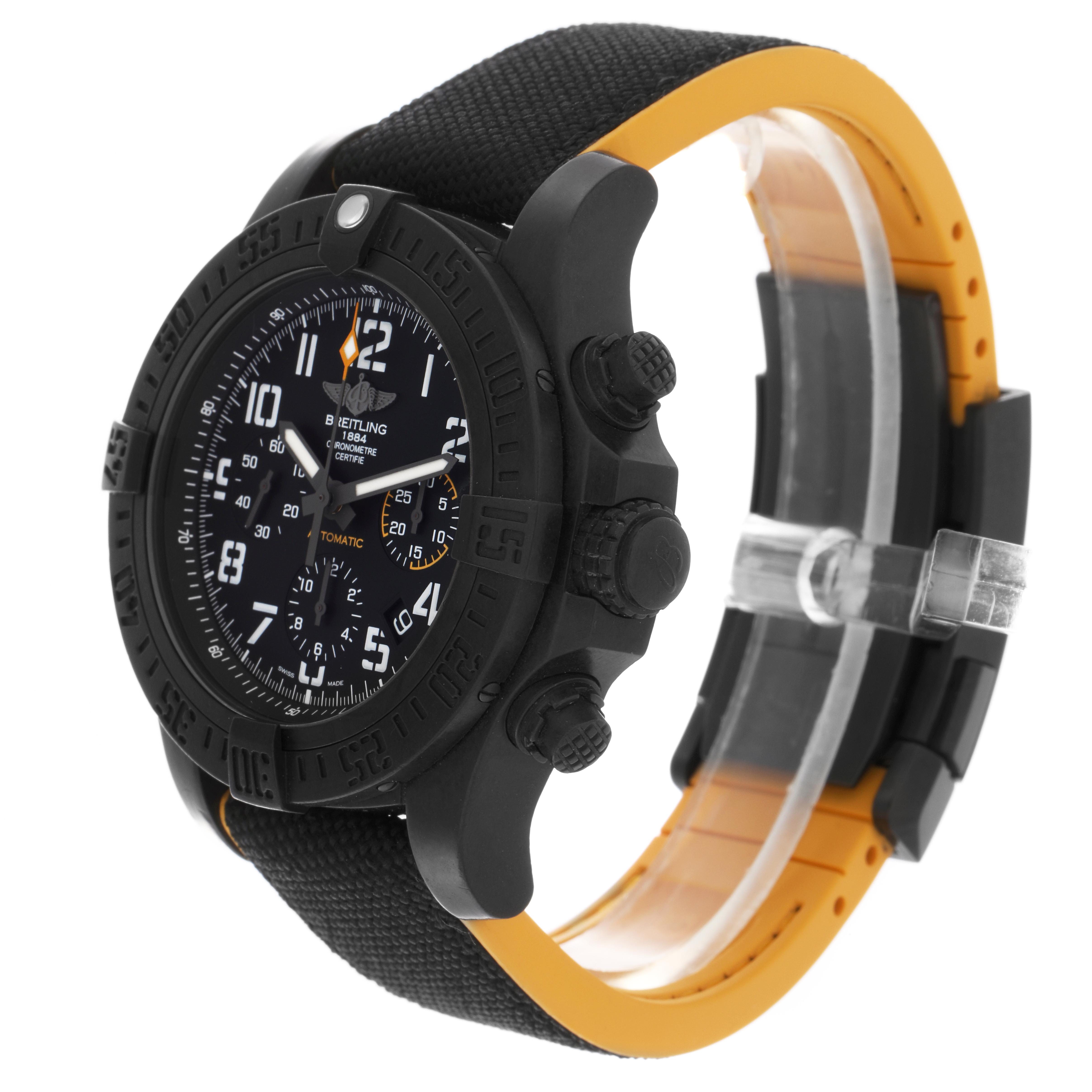 This Breitling Avenger XB0180 Men's Ceramic Black Dial XB0180 Men's Ceramic Black Dial watch is shown at a three-quarter angle, featuring its black dial, bezel, and textured strap.