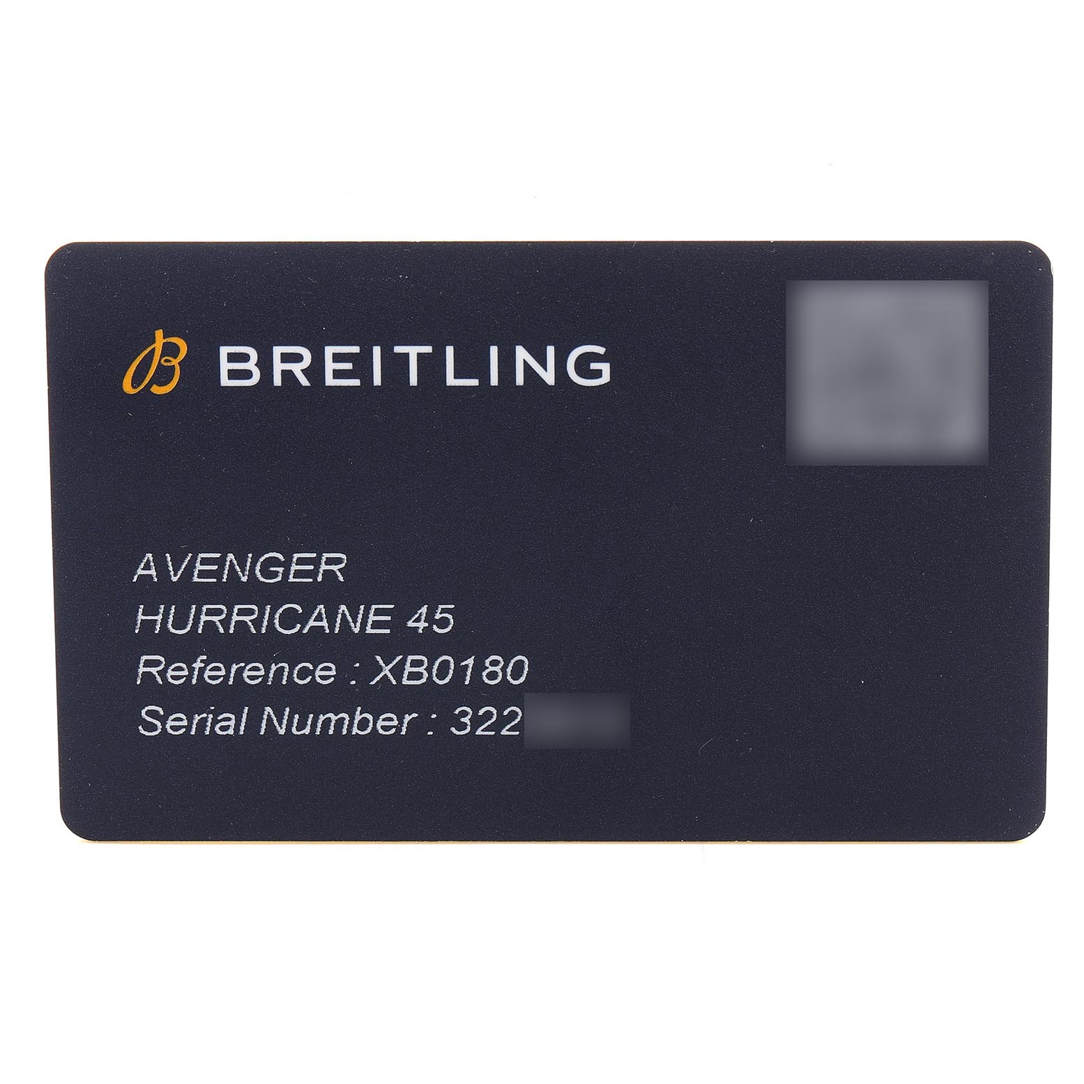 The image shows an identification card for the Breitling Avenger XB0180 Men's Ceramic Black Dial XB0180 Men's Ceramic Black Dial Hurricane 45 watch.