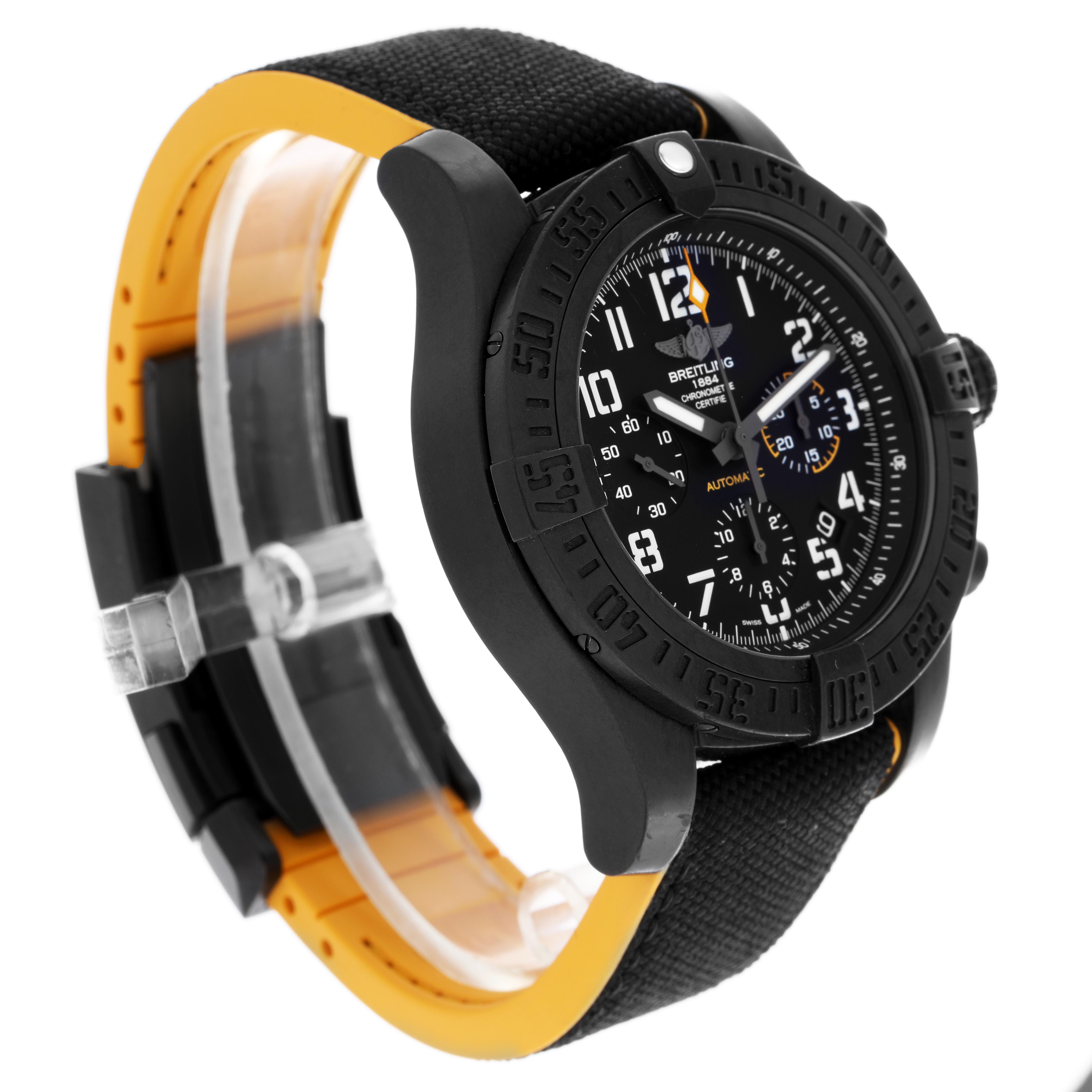 The Breitling Avenger XB0180 Men's Ceramic Black Dial XB0180 Men's Ceramic Black Dial watch is shown at an angle highlighting the dial, bezel, and partially open strap.