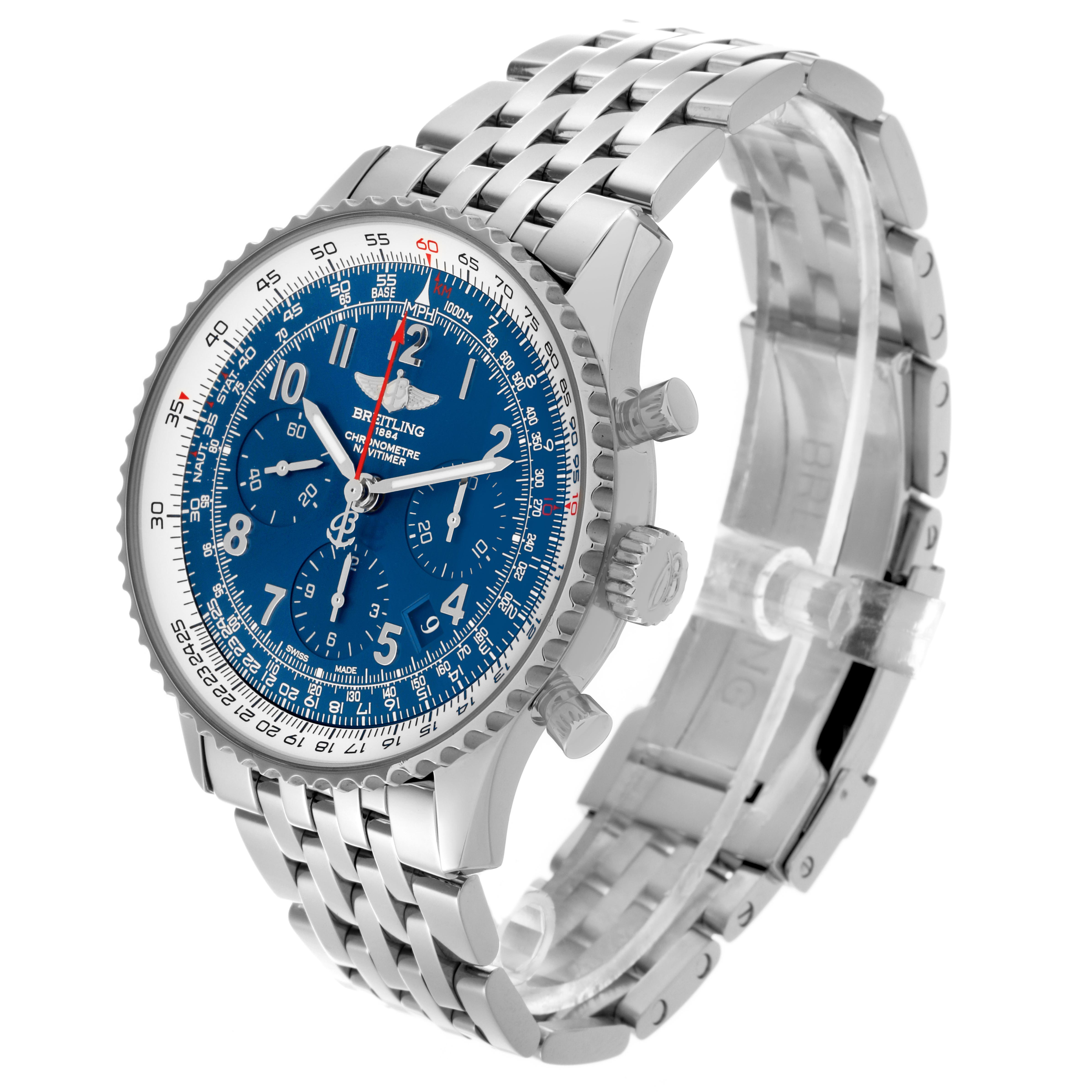 The Breitling Navitimer AB0121 Men
s Stainless Steel Blue Dial AB0121 Men
s Stainless Steel Blue Dial watch is shown at an angled side view, displaying its blue dial, bezel, crown, and metal bracelet.