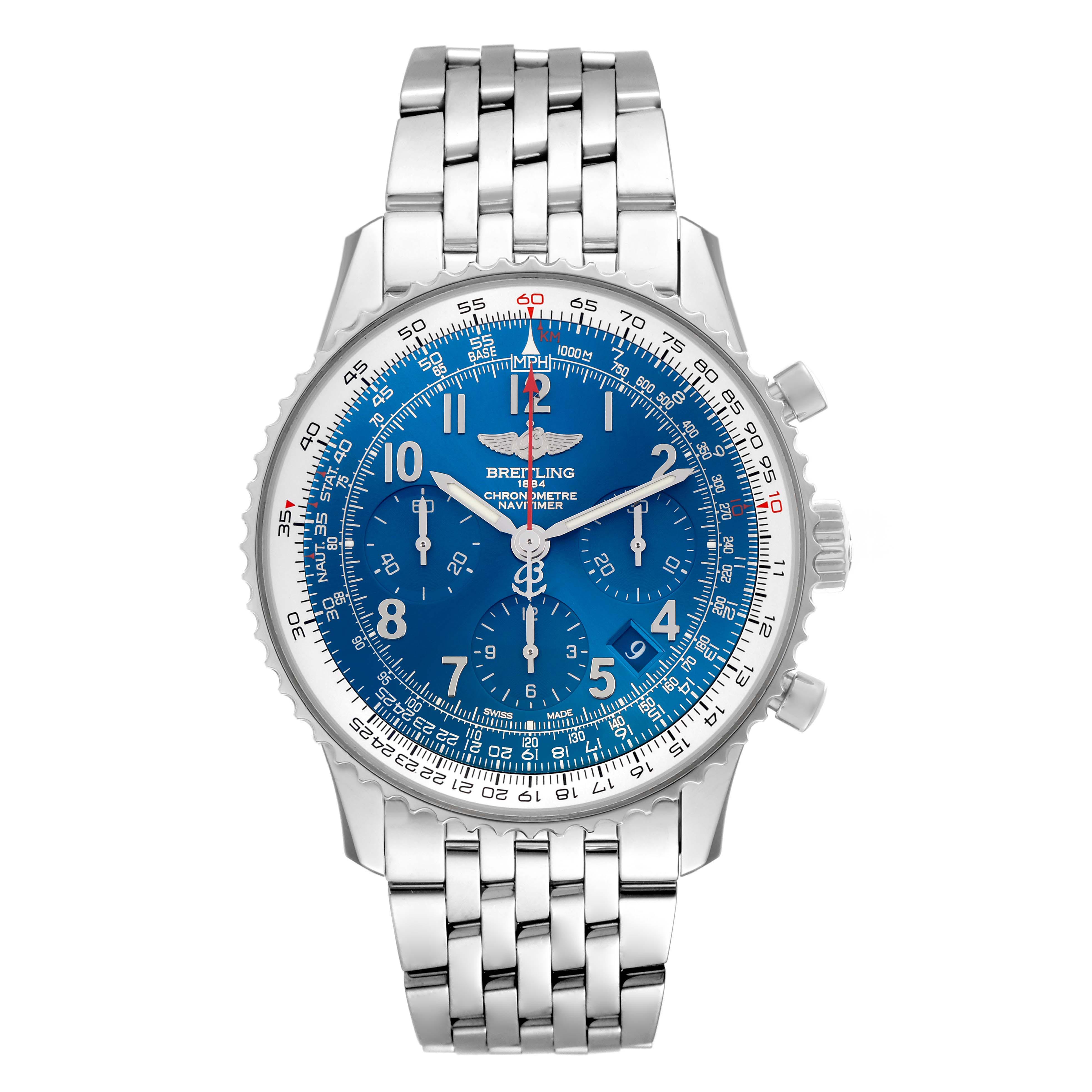 The Breitling Navitimer AB0121 Men
s Stainless Steel Blue Dial AB0121 Men
s Stainless Steel Blue Dial watch is shown from the front, displaying its blue dial, stainless steel case, and bracelet.