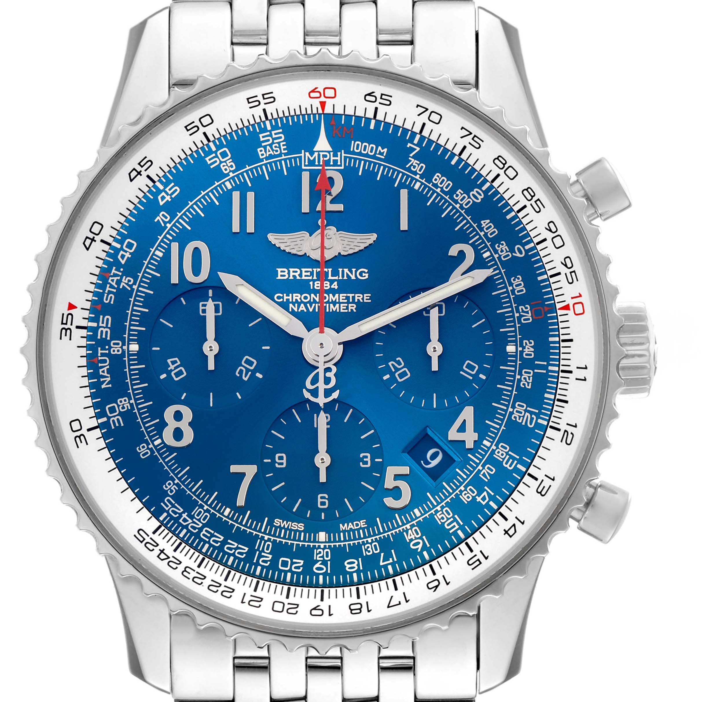 The Breitling Navitimer AB0121 Men
s Stainless Steel Blue Dial AB0121 Men
s Stainless Steel Blue Dial watch is shown from a front angle, displaying the blue dial, subdials, hour markers, and bezel.