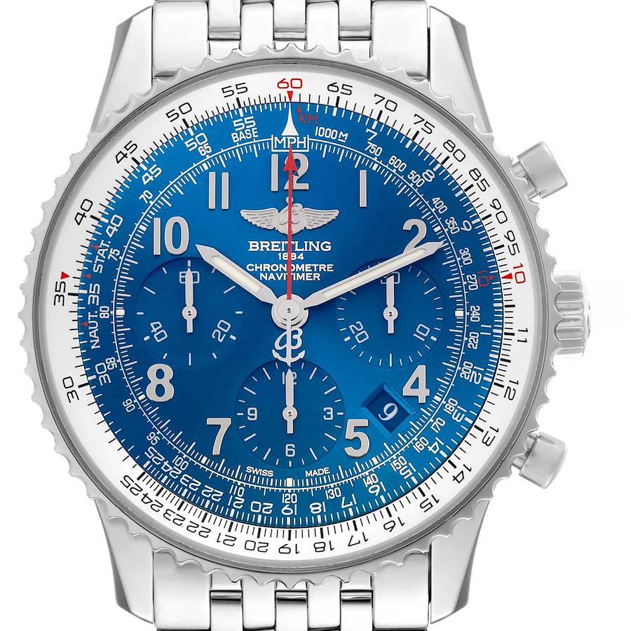 The Breitling Navitimer watch is shown from a front angle, displaying the blue dial, subdials, hour markers, and bezel.