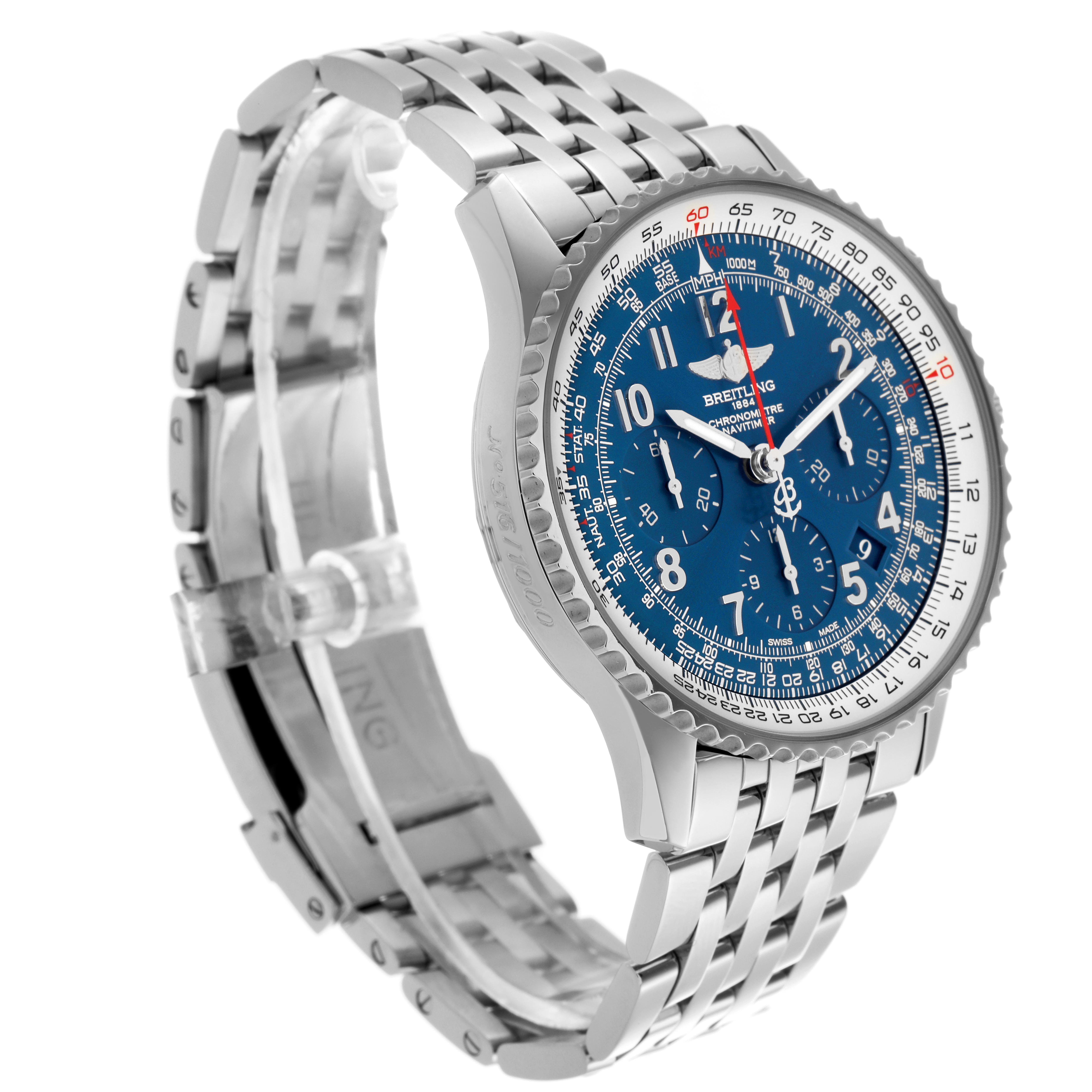 The Breitling Navitimer AB0121 Men
s Stainless Steel Blue Dial AB0121 Men
s Stainless Steel Blue Dial watch is pictured at an angled view, showing the face, bezel, and metal bracelet.