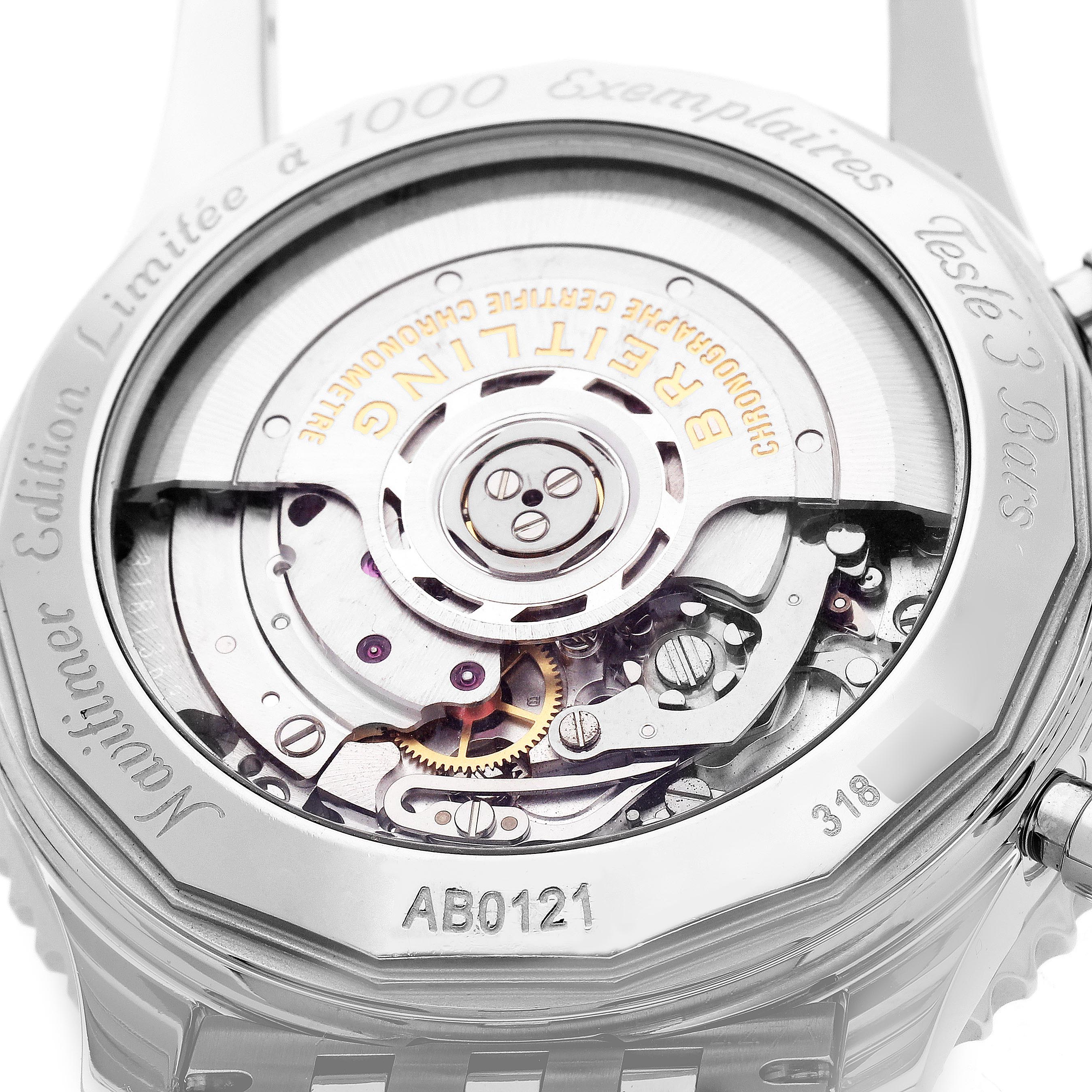 The image shows the back view of a Breitling Navitimer AB0121 Men
s Stainless Steel Blue Dial AB0121 Men
s Stainless Steel Blue Dial, highlighting its exposed movement and internal mechanisms.