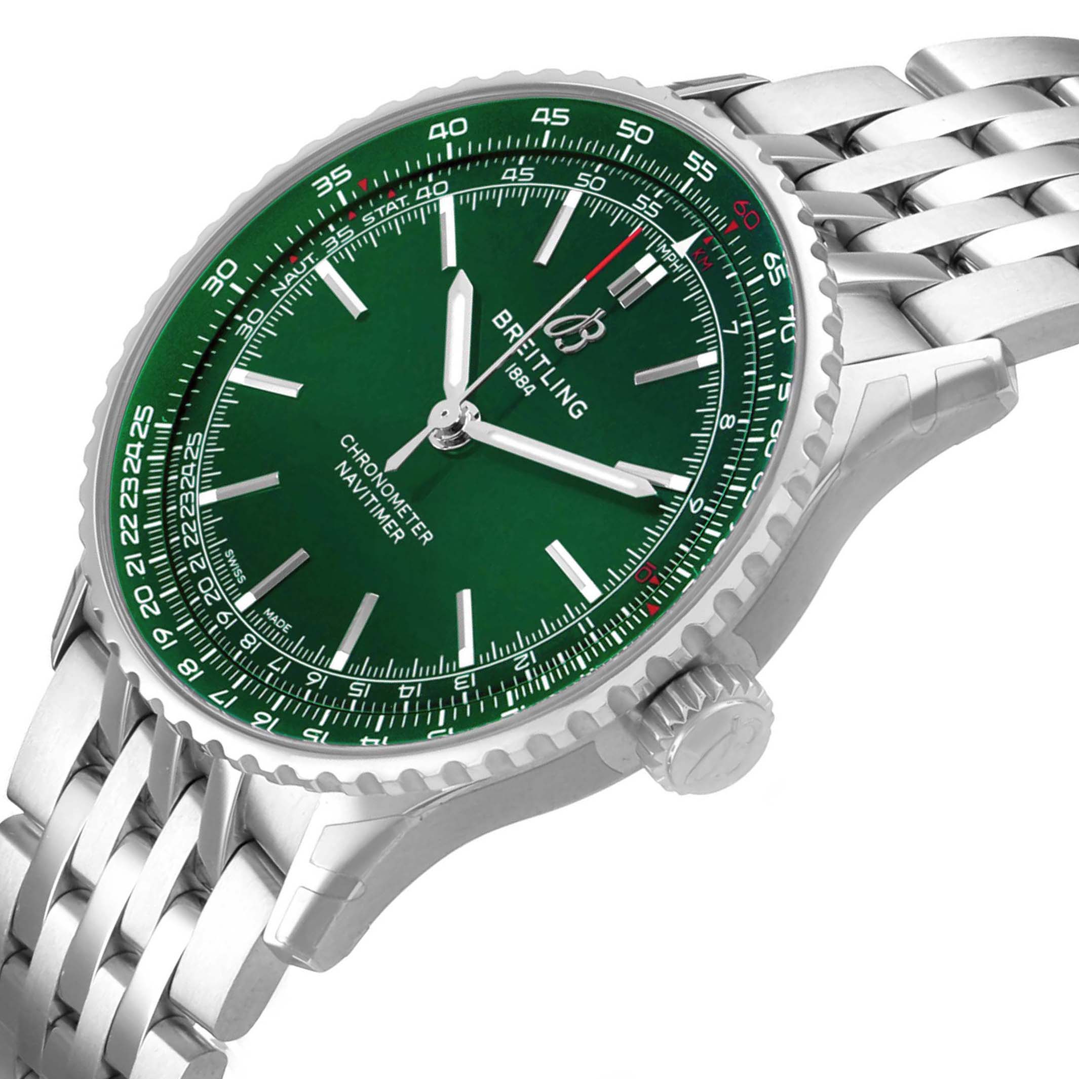 The Breitling Navitimer A17329 Mens Stainless Steel Green Dial is shown at an angled close-up, highlighting the green dial, stainless steel case, and bracelet.