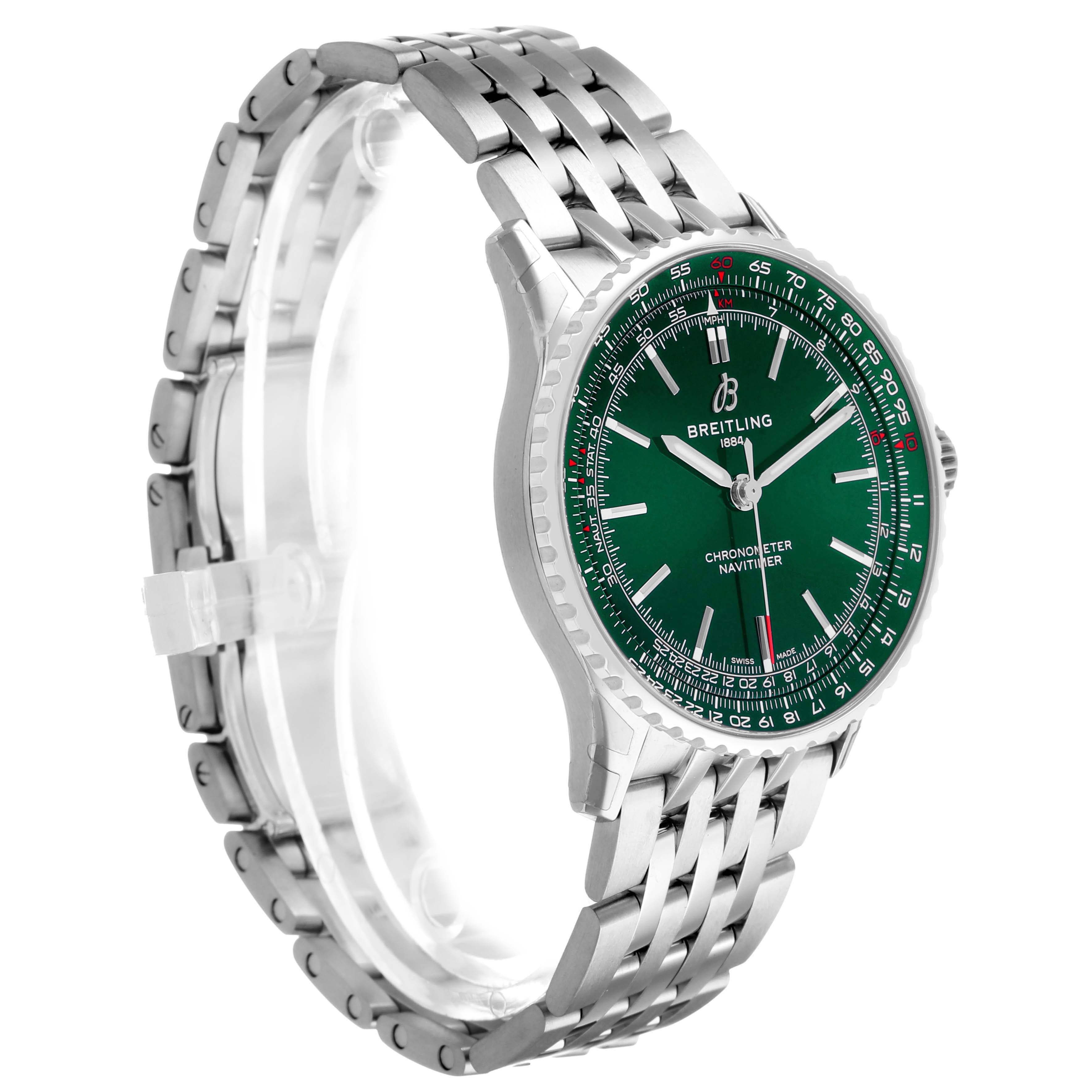 The Breitling Navitimer A17329 Mens Stainless Steel Green Dial watch is shown from a three-quarter angle, highlighting its green dial and stainless steel bracelet.