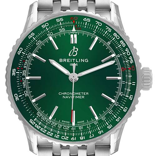 The Breitling Navitimer A17329 Mens Stainless Steel Green Dial watch is shown from the front, featuring a green dial, silver indices, and a metal bracelet.