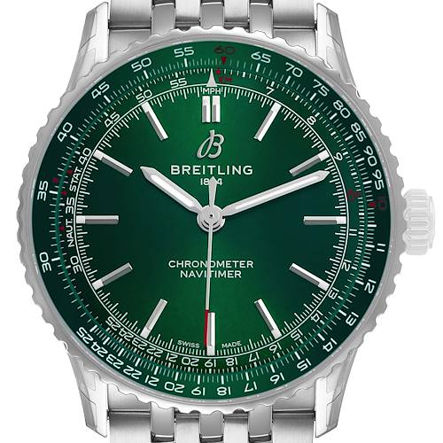 The image shows a Breitling Navitimer A17329 Men's Stainless Steel Green Dial watch from a front angle, highlighting its green dial, bezel, and stainless steel bracelet.