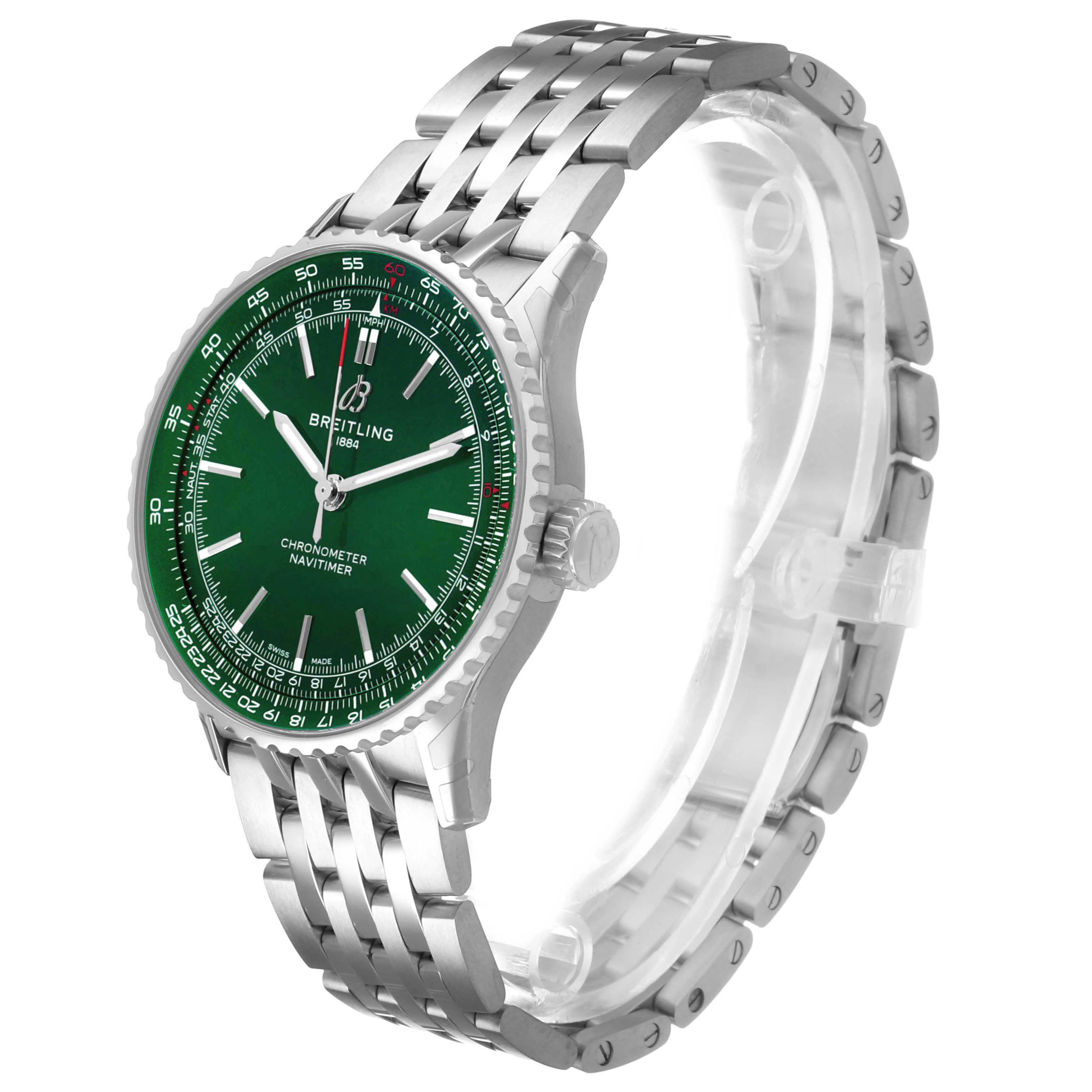 The Breitling Navitimer A17329 Mens Stainless Steel Green Dial watch is shown at a slight side angle, highlighting the green dial, bezel, crown, and metal bracelet.