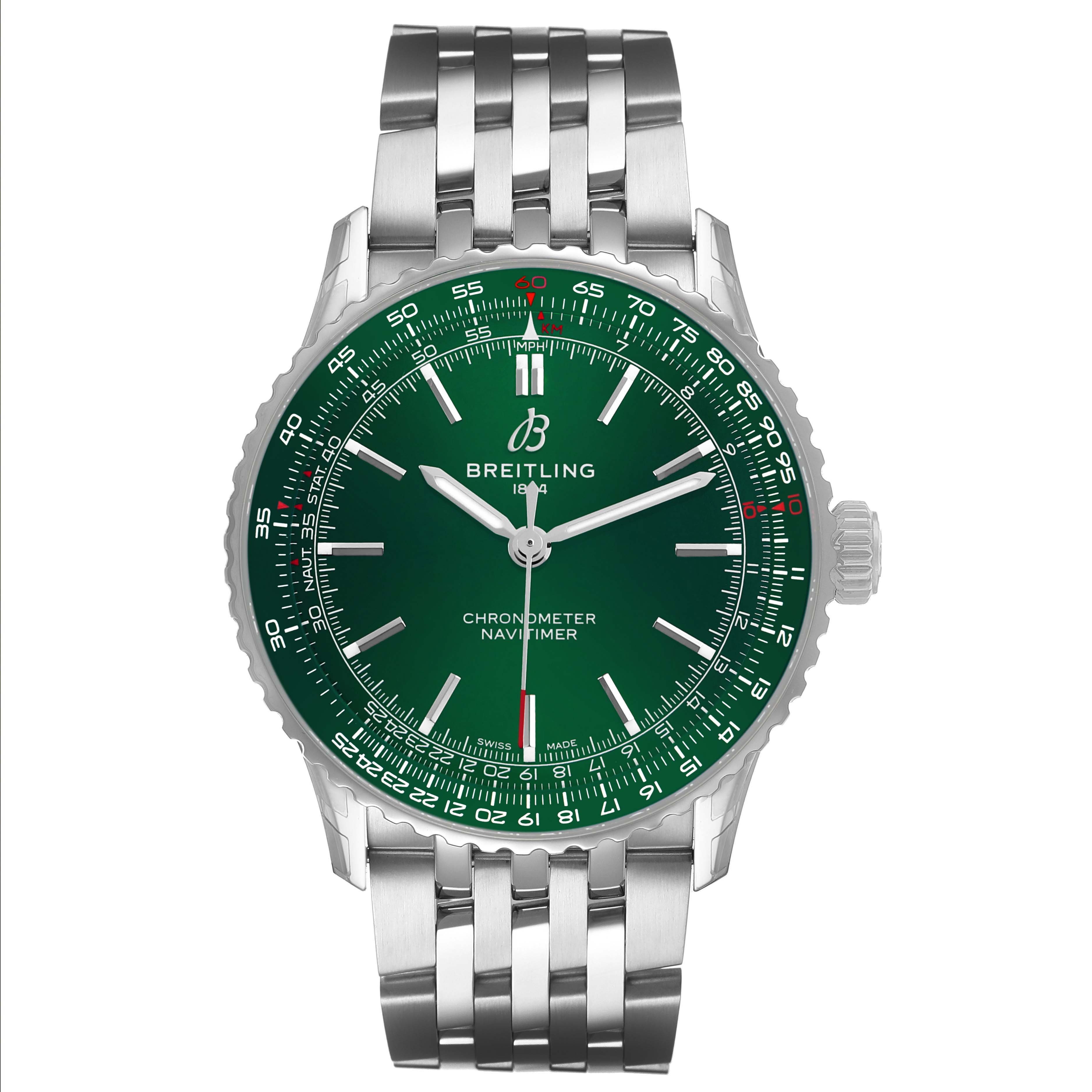 The Breitling Navitimer A17329 Mens Stainless Steel Green Dial watch is shown from a front angle, displaying its green dial, bezel, and stainless steel bracelet.