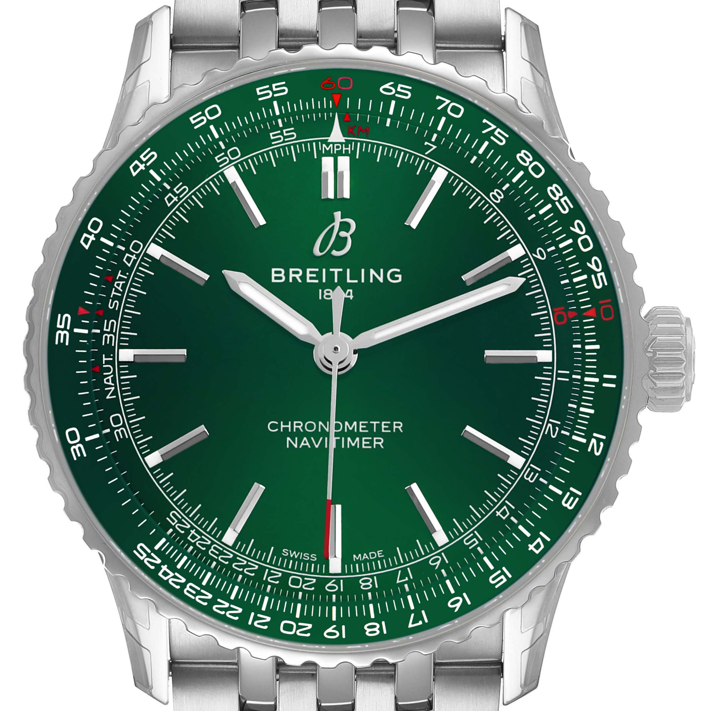 The Breitling Navitimer A17329 Mens Stainless Steel Green Dial watch is shown from a front angle, displaying the green dial and stainless steel bracelet.