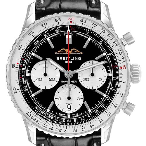 The Breitling Navitimer AB0138 Men's Stainless Steel Black Dial watch is shown from a front angle, highlighting the black dial, three chronograph subdials, and the tachymeter scale.