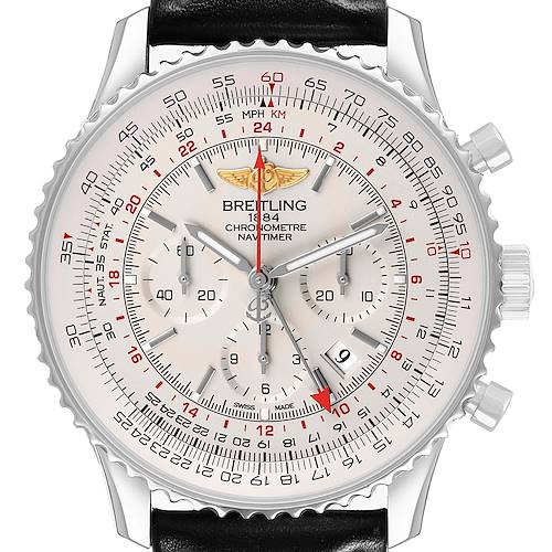 The Breitling Navitimer AB0441 Men's Stainless Steel White Dial watch is shown from the top angle, highlighting its dial, bezel, and chronograph subdials.