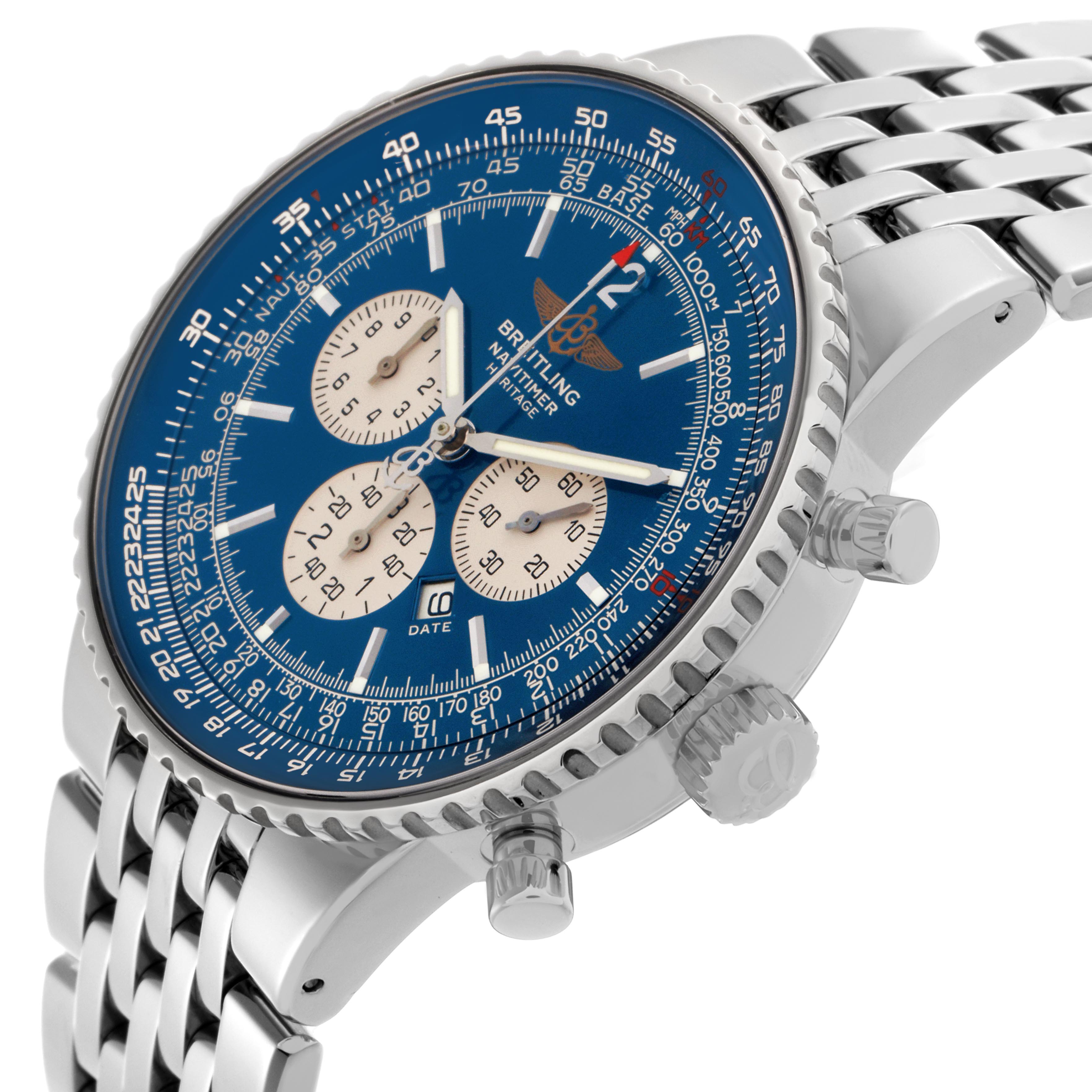 The Breitling Navitimer A35350 Men
s Stainless Steel Blue Dial A35350 Men
s Stainless Steel Blue Dial is shown at a side angle, displaying the blue dial, chronograph sub-dials, bezel, and bracelet.