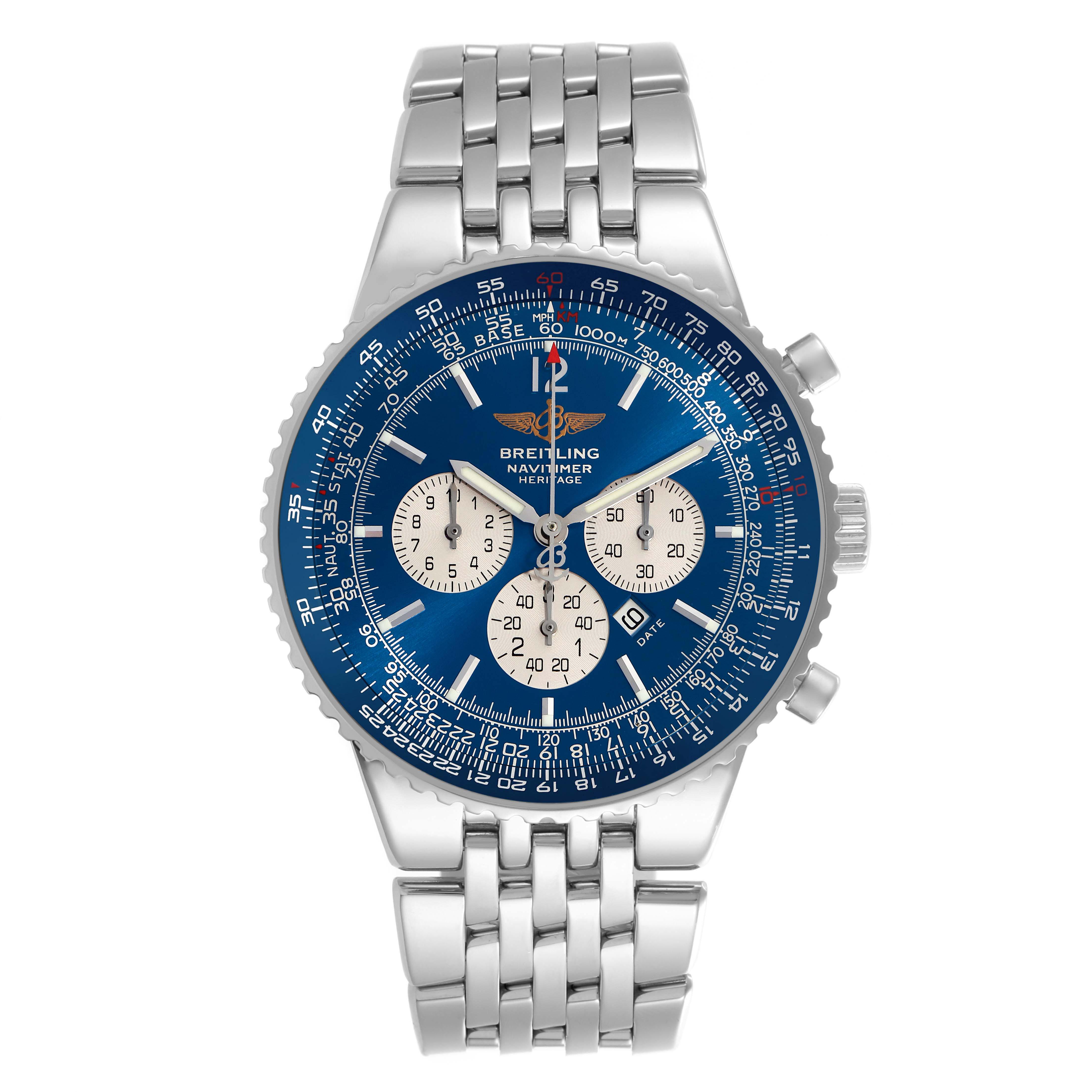The Breitling Navitimer A35350 Men
s Stainless Steel Blue Dial A35350 Men
s Stainless Steel Blue Dial watch is shown from the front, displaying the face, bezel, and metal bracelet.